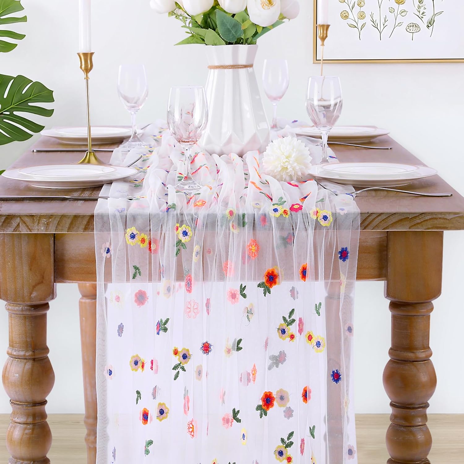 QueenDream White Gauze Table Runner with Embroidery Daisy Romantic Sheer Tulle Fabric 3 Pieces 120 Inch 10FT for Wedding Party Bridal Baby Shower