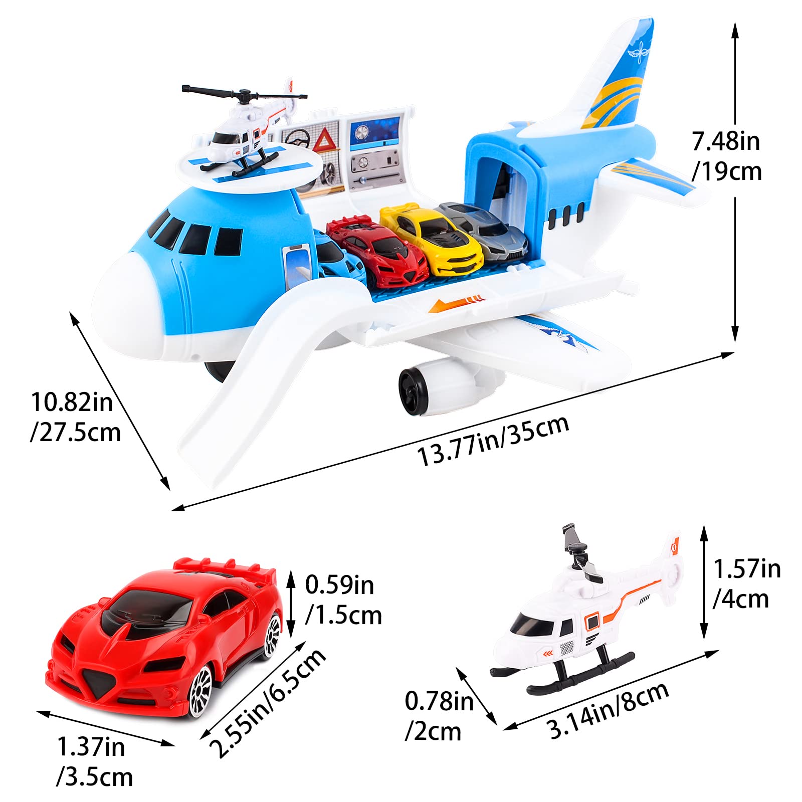deAO Trasporto Aereo e Set di Giocattoli per Auto, Trasporto Aereo Macchinina Aerei Giocattolo per Bambini con 6 Mini Macchinina10 Segnali Stradali Elicotteri per Bambini