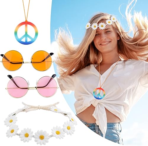 Miniatura 3 de CHRORINE Conjunto de disfraz de hippie, gafas de sol hippie, signo de paz para decoraciones de fiesta