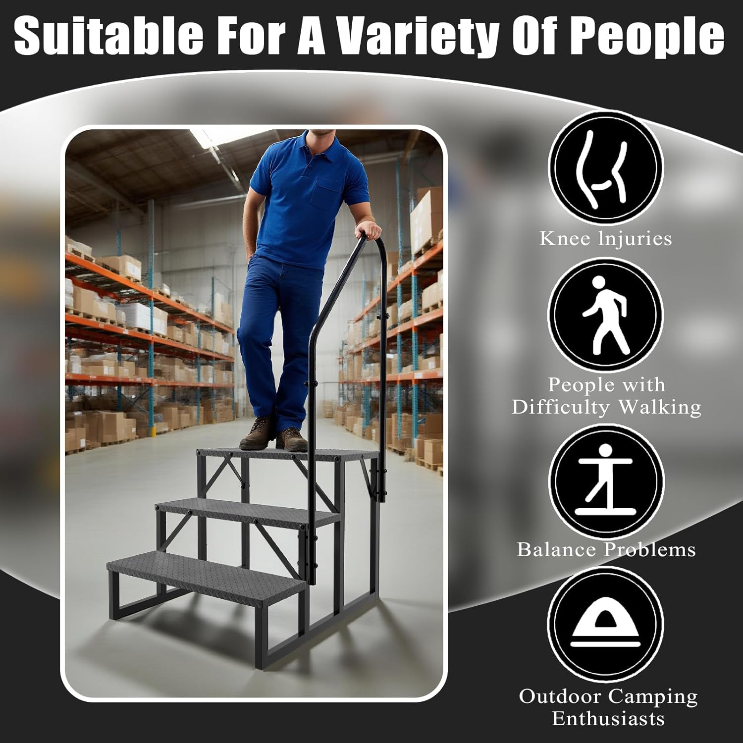 RV Steps with Handrail, RV Stairs 660 lbs Load Capacity, Step Ladder with Anti-Slip Panel, Mobile Home Stairs for Travel Trailers (3 Step)