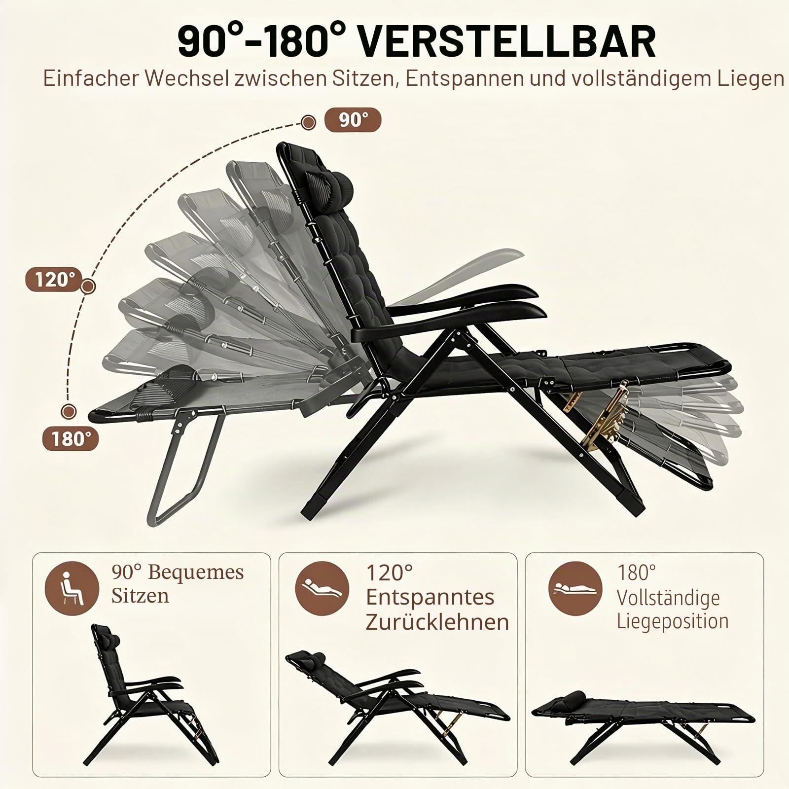Klappbarer Sonnenliege Liegestuhl, Extra große Gartenliege mit Auflage, wetterfeste Balkonliege mit 7-fach verstellbarer Rückenlehne, Belastbar bis 150kg, Outdoor Relaxliege für Patio & Pool (Schwarz)