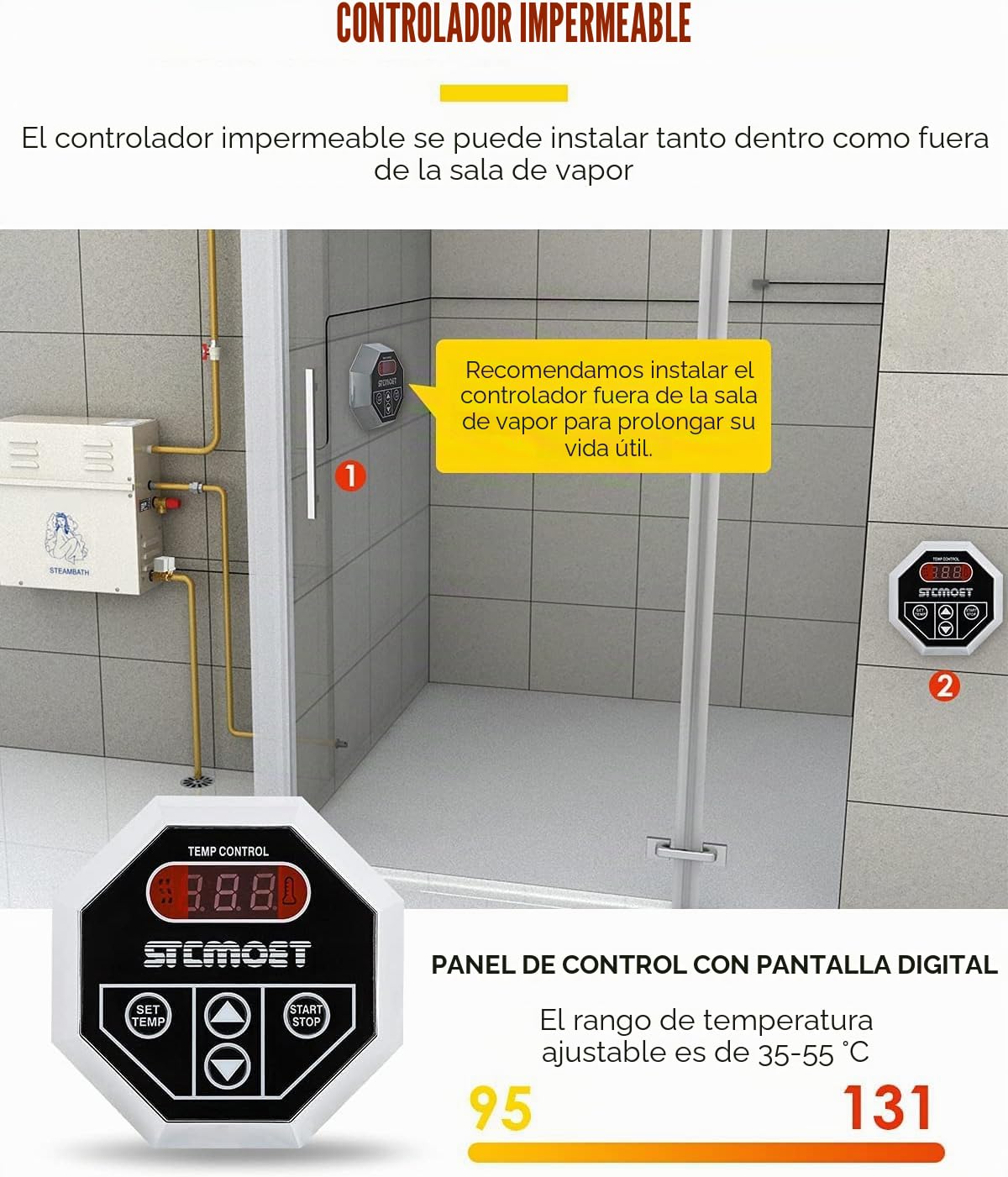 CGOLDENWALL 9KW Generador de Vapor Kit 220V Auto-Drenaje para Doméstico Comercial, Apto para Sauna/Ducha/Baño/SPA, con Controlador Digital- Calentamiento automático 35-55℃ para Espacio de 8.5m³