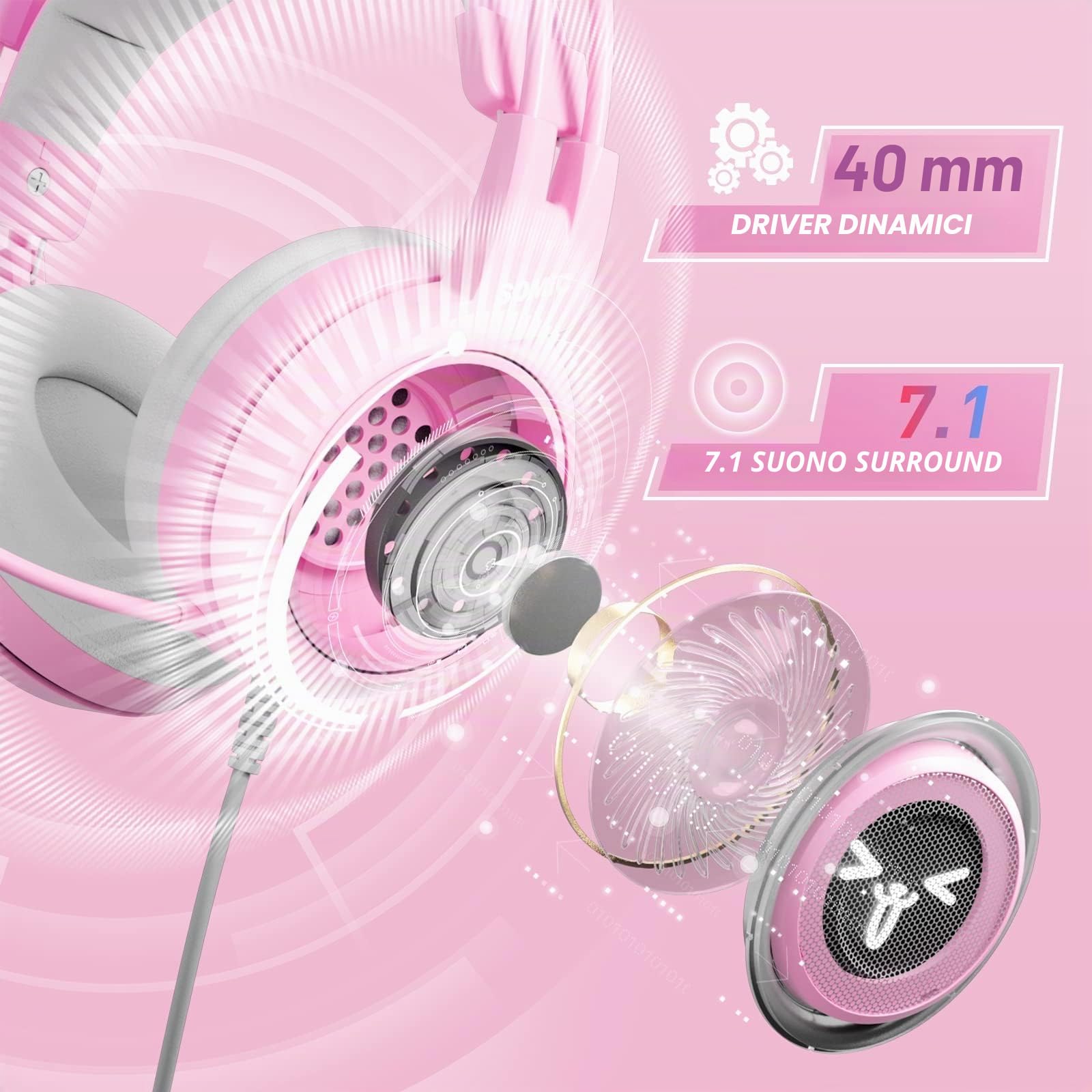SOMIC G951pink - Cuffie da gioco per PC, PS4, PS5, laptop, cuffie da gioco con microfono con cancellazione del rumore, luce LED, suono surround virtuale 7.1 per ragazze, donne