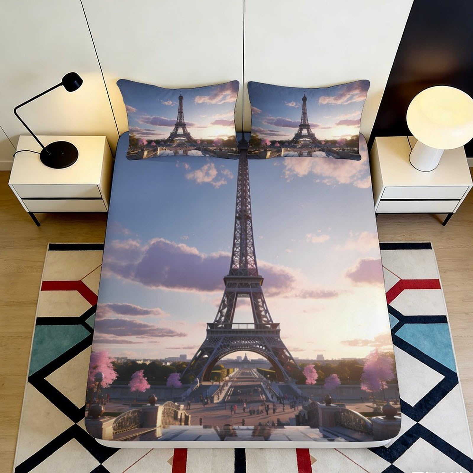 Jqzkxnhpbr Style-8 3D Printed Eiffel Tower Sunset Fitted Sheet Microfiber Soft Breathable Paris Landmark Mattress Cover Bedroom Decor 90X200x25cm
