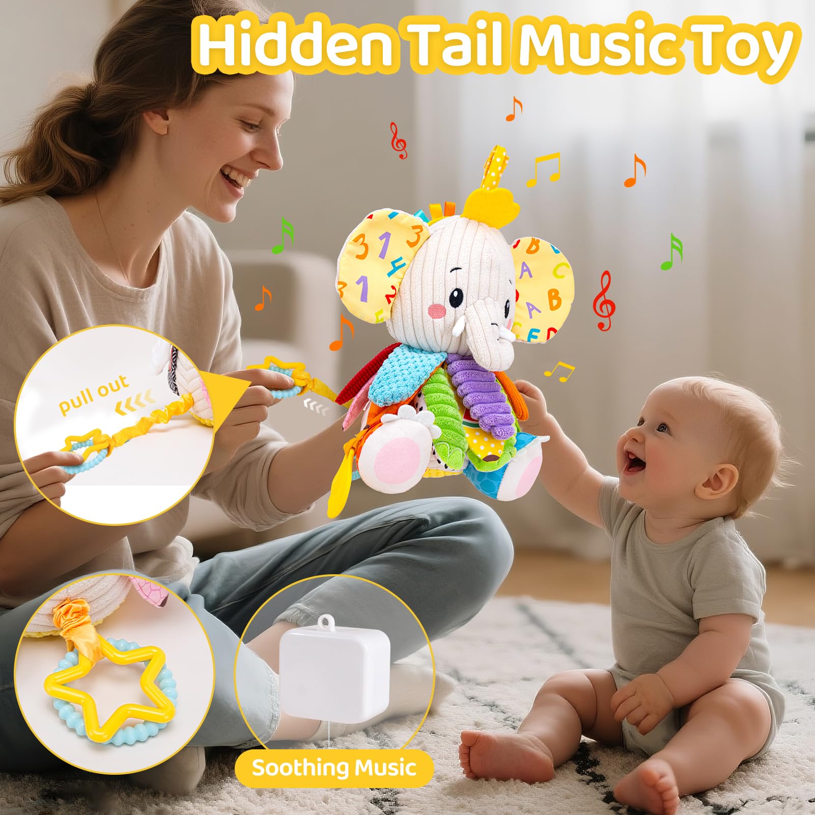 Baby Toys 3-6 Months, Musical Stuffed Elephant Toddler Toy for Newborn Infant 3 6 9 12 Months, Tummy Time Toys Montessori Sensory Toys 0-6 6-12 Months, Crinkle Paper, Mirror Soothing Music Shower Gift