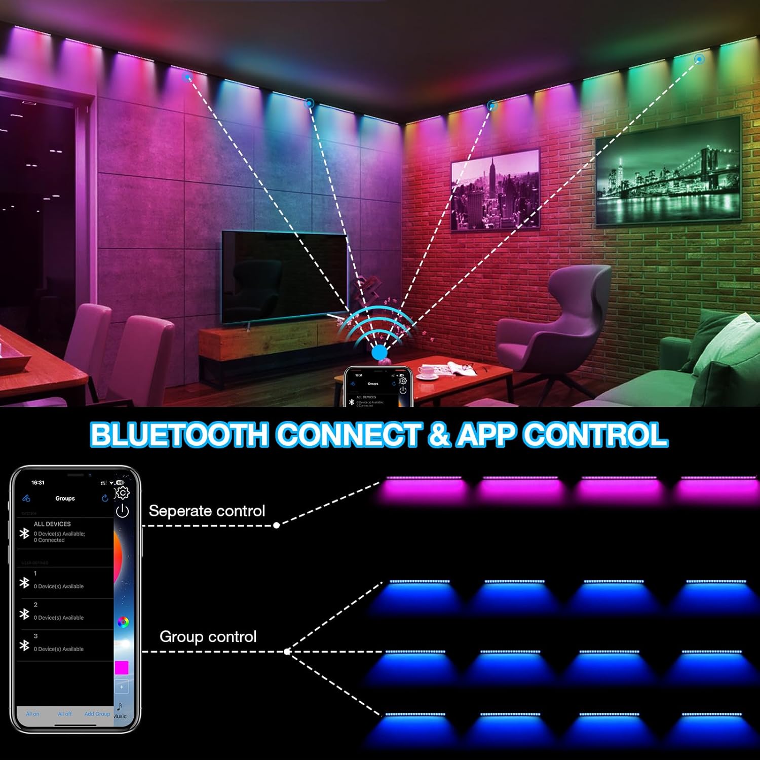 LED Light Bars 4Pack: 16 Inch 18W RGB Color Changing Accent Lighting - APP & Remote with Group Control - Timer & Music Sync Modes - Backlights for Gaming Room TV PC Setup Home Decoration