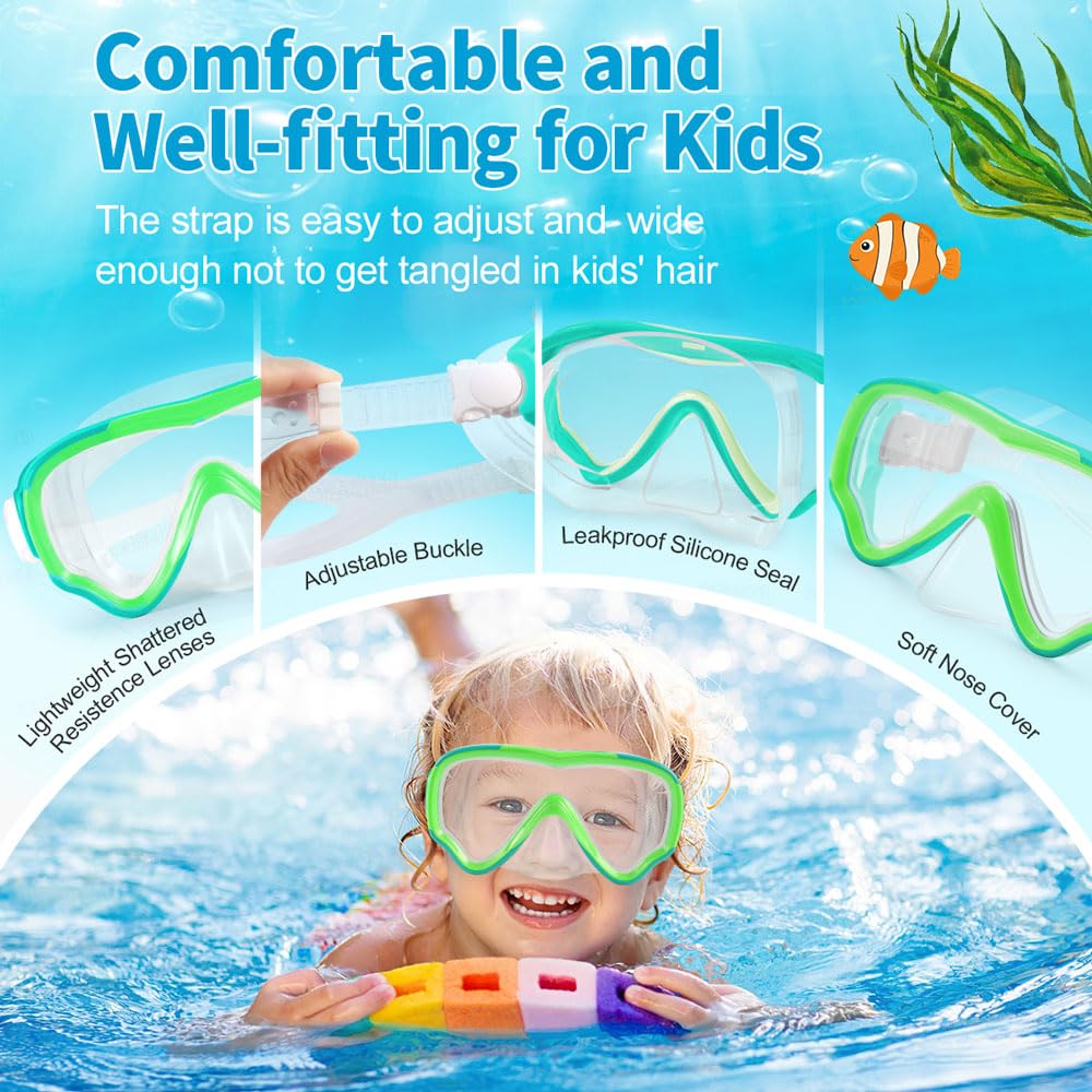 Maschera subacquea per bambini, anti-appannamento e anti-perdite, occhialini da nuoto e snorkeling, in vetro temperato resistente, per bambini dai 4 ai 14 anni