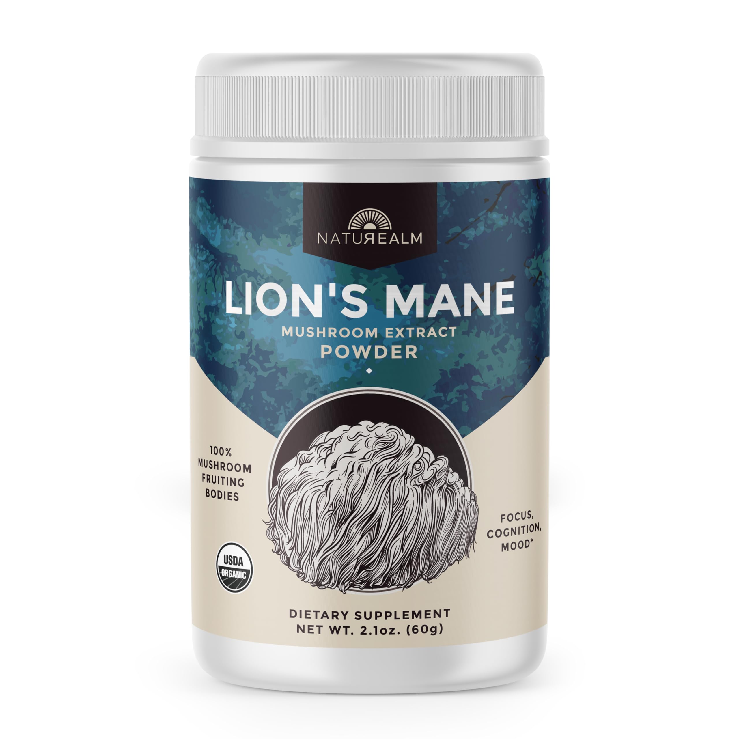 NaturealmLion’s Mane Mushroom Powder - Filler-Free - Organic - 100 Percent Fruiting Bodies, 60-Day Supply