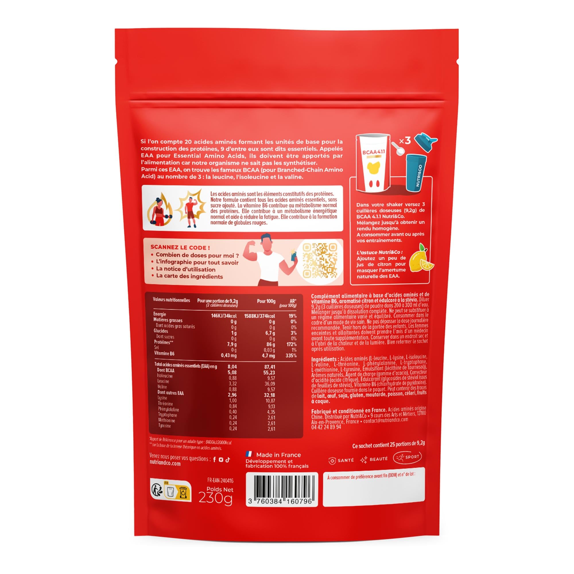 NUTRI & CO BCAA en Poudre 4.1.1 enrichi en EAA - Acides Aminés Prise de Masse & Récupération Musculaire - Leucine, Isoleucine, Valine - Vitamine B6-230g Saveur Citron - 25 portions Vegan
