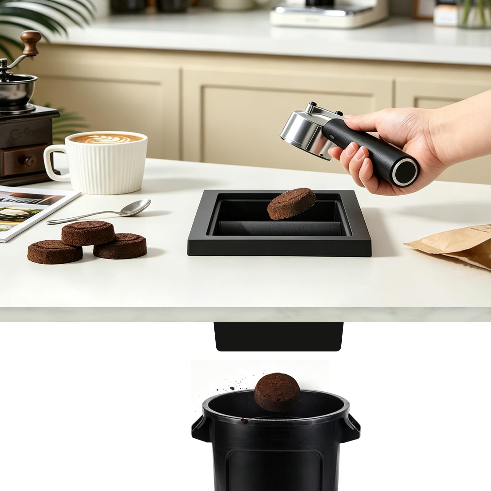 Coffee Knock Box, Scatola Per Caffè Senza Fondo Incorporata Smaltimento Del Contenitore Per Fondi Di Caffè Da Banco In Acciaio Inossidabile Fondi Caffe Contenitore Per Bar Ristorante Cucina Nero