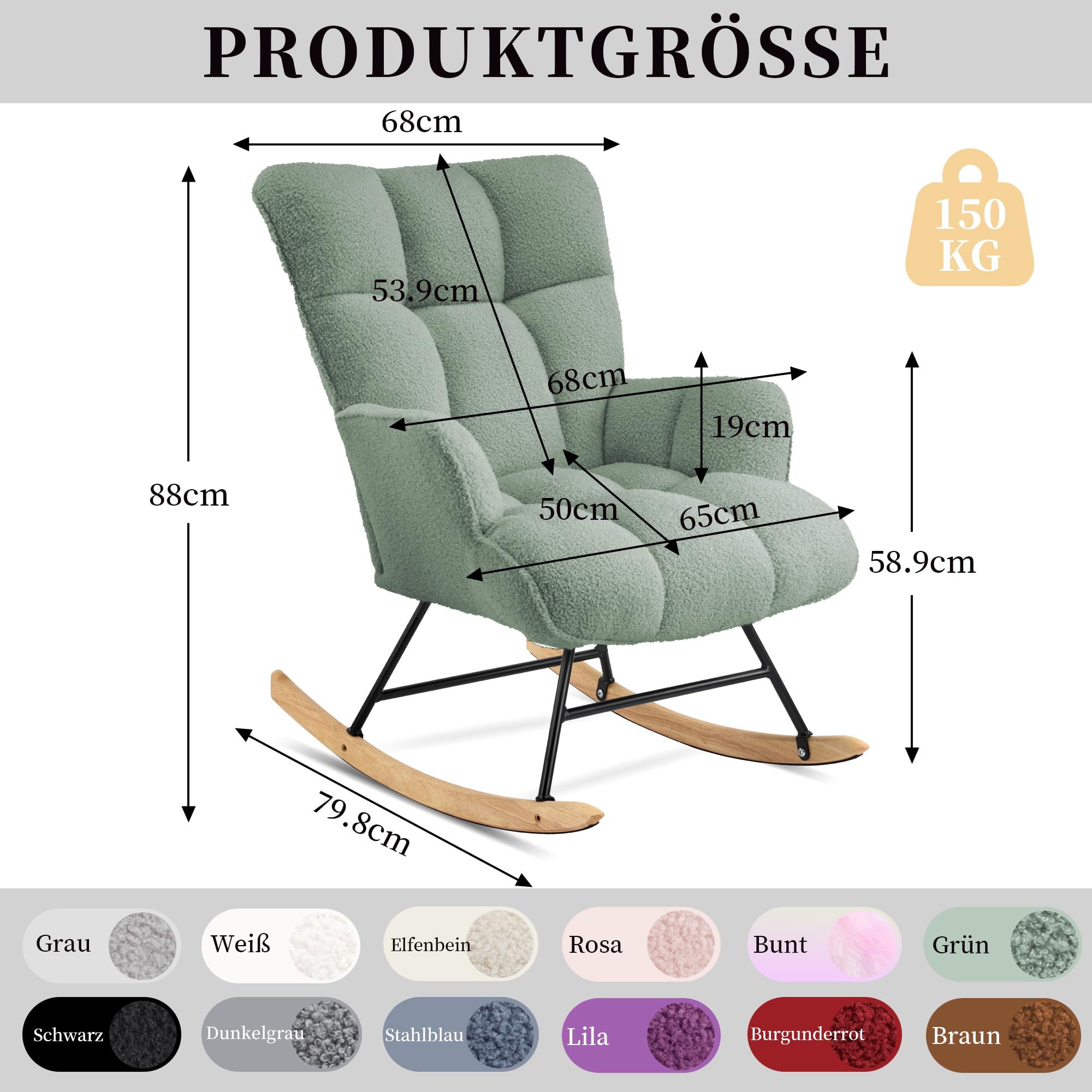 Schaukelstuhl, Teddy-Stillsessel fürs Babyzimmer, Grün | Teddy-Polstersessel für Stillzeit, Lesen und Entspannen, bis 150 kg belastbar, für Babyzimmer, Wohn- und Schlafzimmer