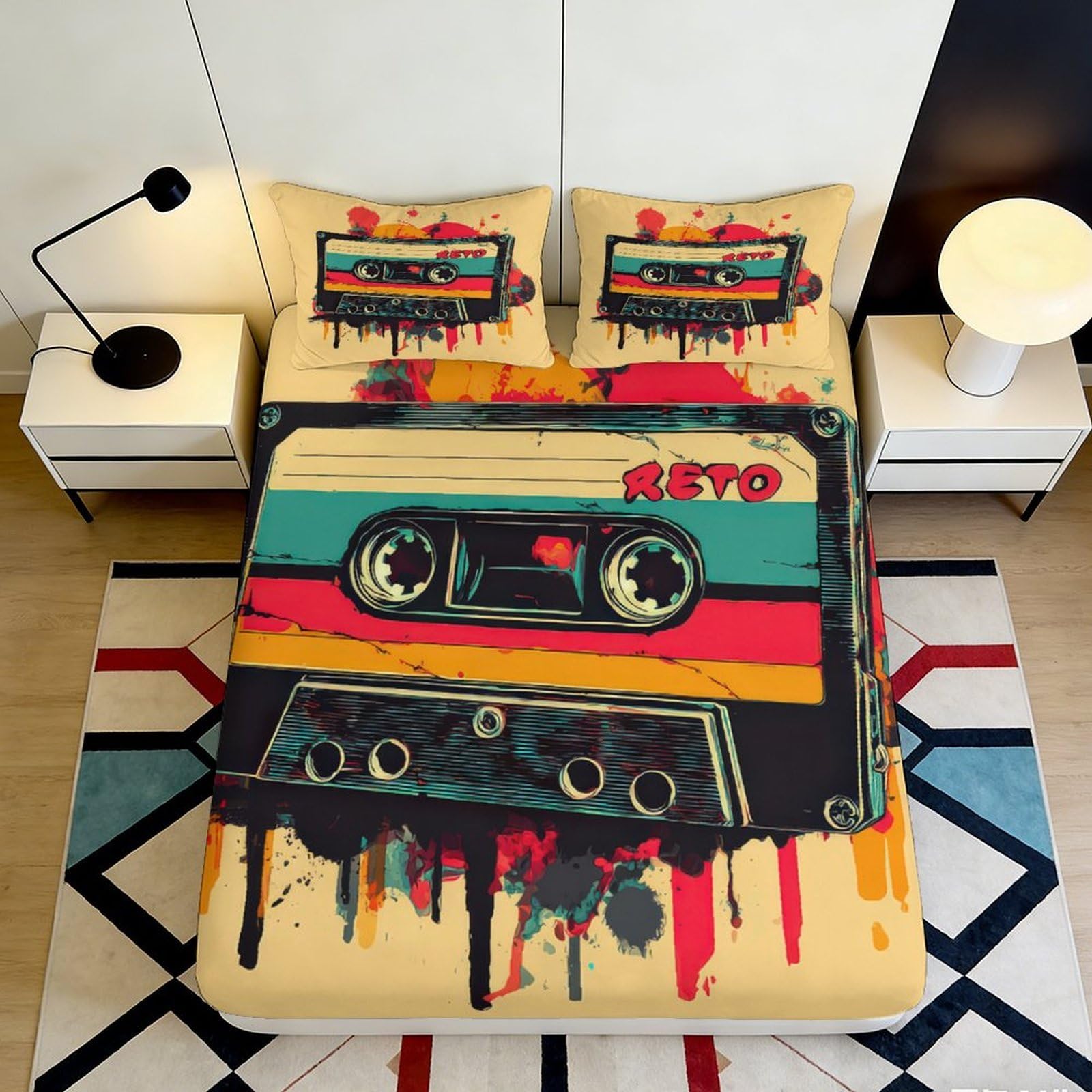 3D Printed Retro Cassette Fitted Sheet Microfiber Soft Music Tape Bed Cover for Bedroom Dorm Mattress Protection Decor 90x200x25cm