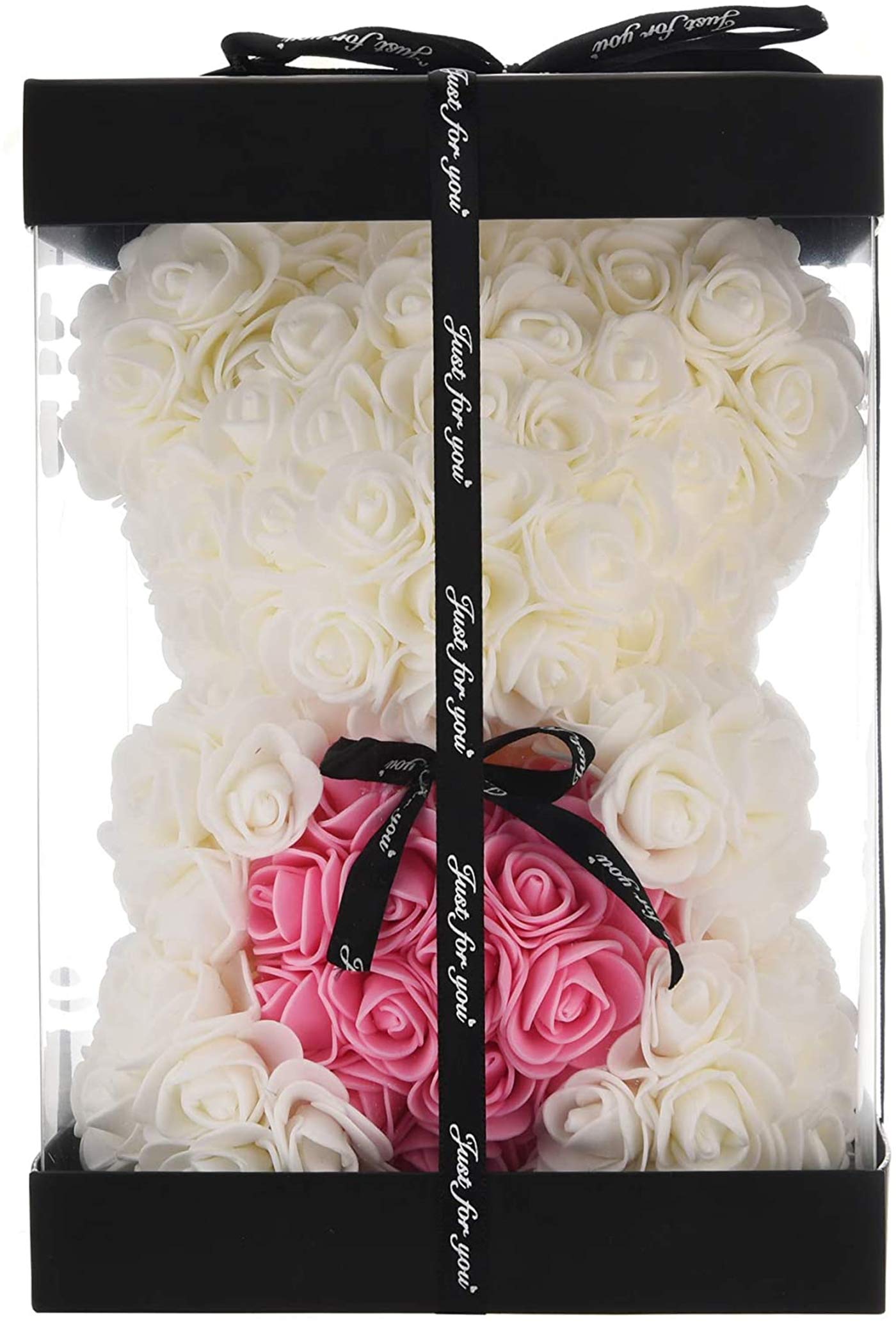 KWT Valentine's Gift,Birthday Gifts, Rose Flower Bear-Hand Made Rose Teddy Bear Hug Hear,Gifts for mom, Gifts for Girls,Unique Giftst For Lover, 10 Inches Clear Gift Box Included (White)