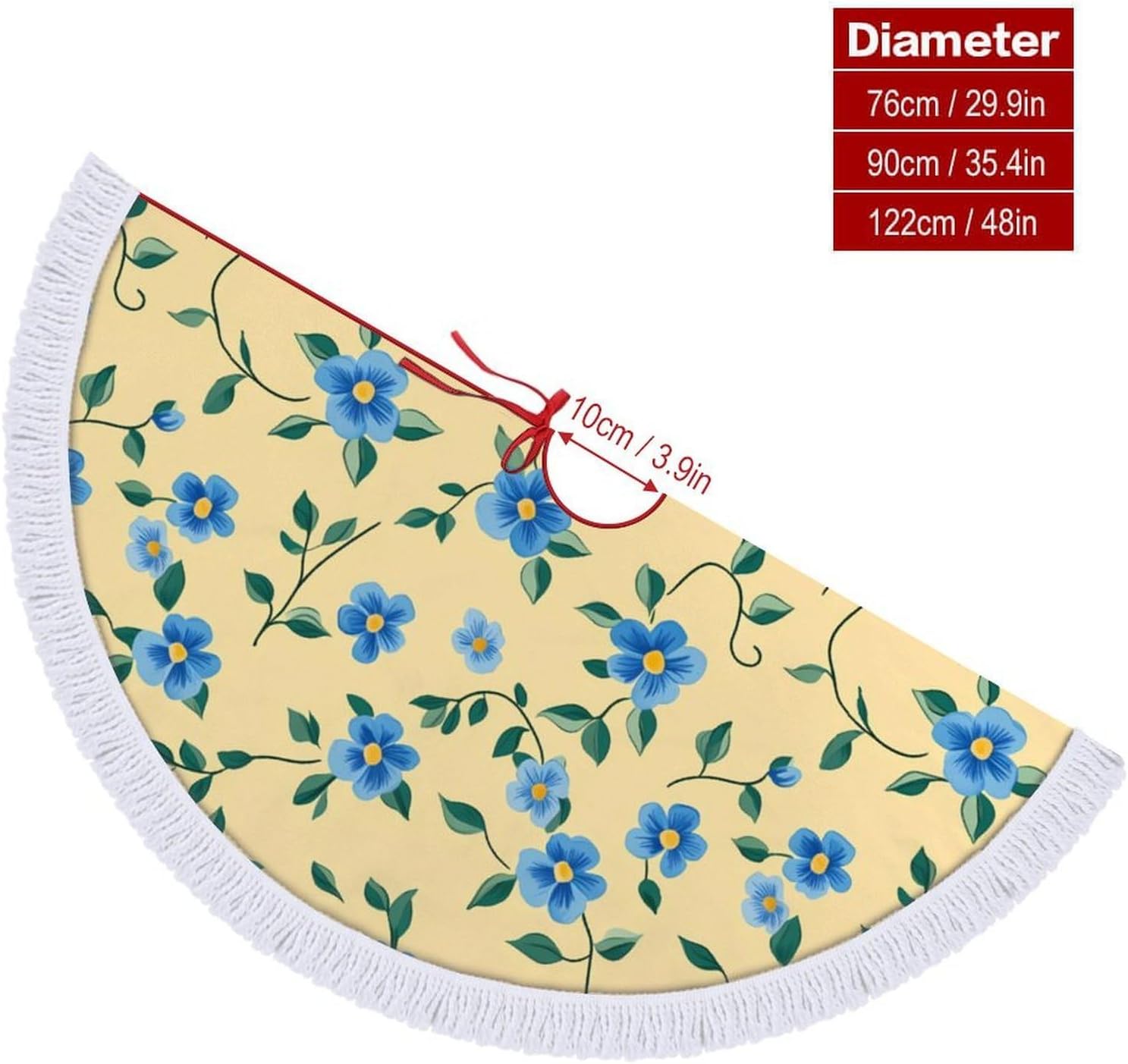 Blue Floral Flower Christmas Tree Skirt Round Xmas Tree Mat Ornaments Tree Skirts with Tassels for Holiday Party