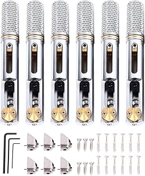 6 Pcs Headless Guitar Bridge, Fixed Fanned Bridge for Split Type Electric Guitars, Metal Silver Headless Bridge with Wrench and Screws, Individual Bridge for Accurate Pitch Adjustm