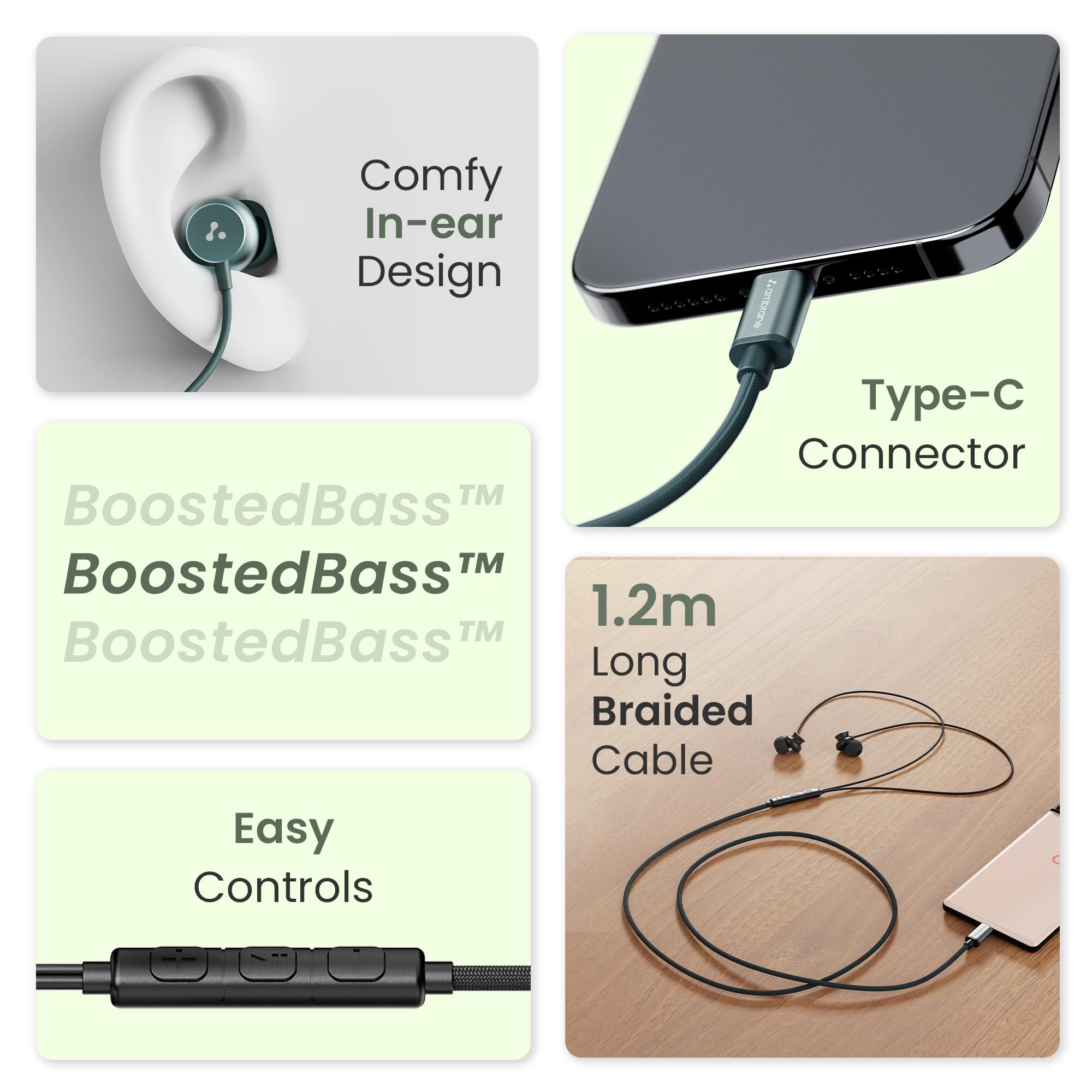 Ambrane Type C Wired in Ear Earphones with in-Line Mic for Clear Calling,1.2M Cable,10Mm Dynamic Drivers for Boostedbass,Control Buttons for iPhone 15,Samsung&Type C Devices(Stringz 38C,Black)