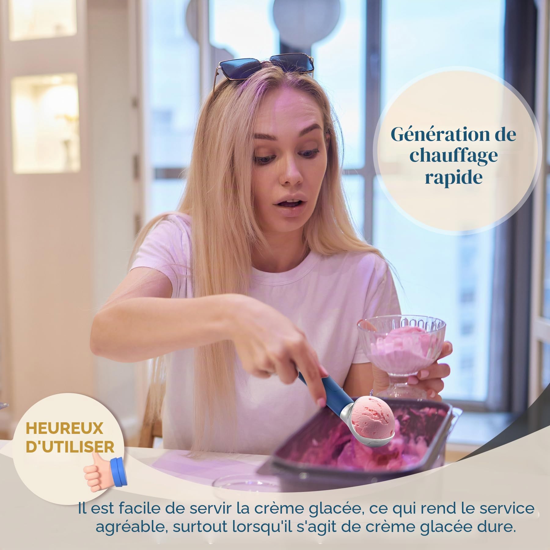 Cuillère à crème glacée chauffante, rechargeable, électrique avec écran LED, chauffe jusqu'à 70 °C pour crème glacée dure, facile pour les personnes âgées et les enfants, étanche IP67 (bleu)
