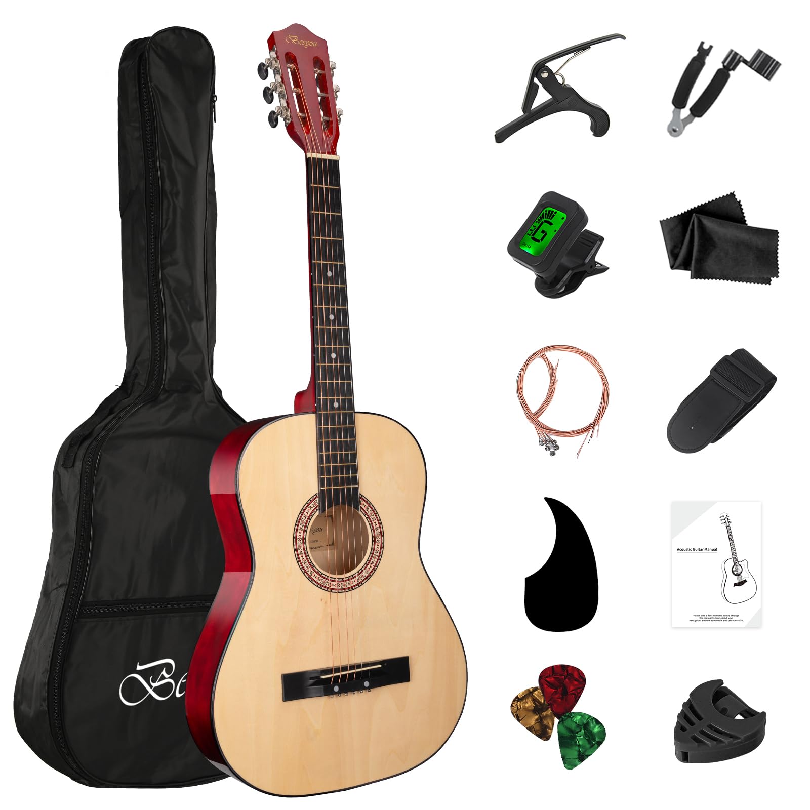BESYOU Acoustic Guitar 38" Wood Guitar with starter kit-Travel Gig Bag, Tuner,guitar pick with Beginner Set for Kids/Adults -Natural