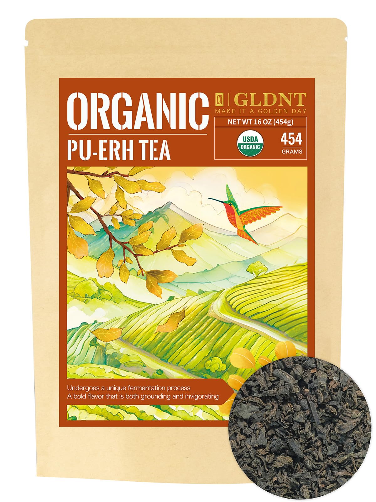 GLDNT Organic Pu-erh Tea, Yunnan Ripe Pu'erh Tea Loose Leaf, Fermented Dark Tea, Bold & Smooth Flavor, Caffeinated, 16oz