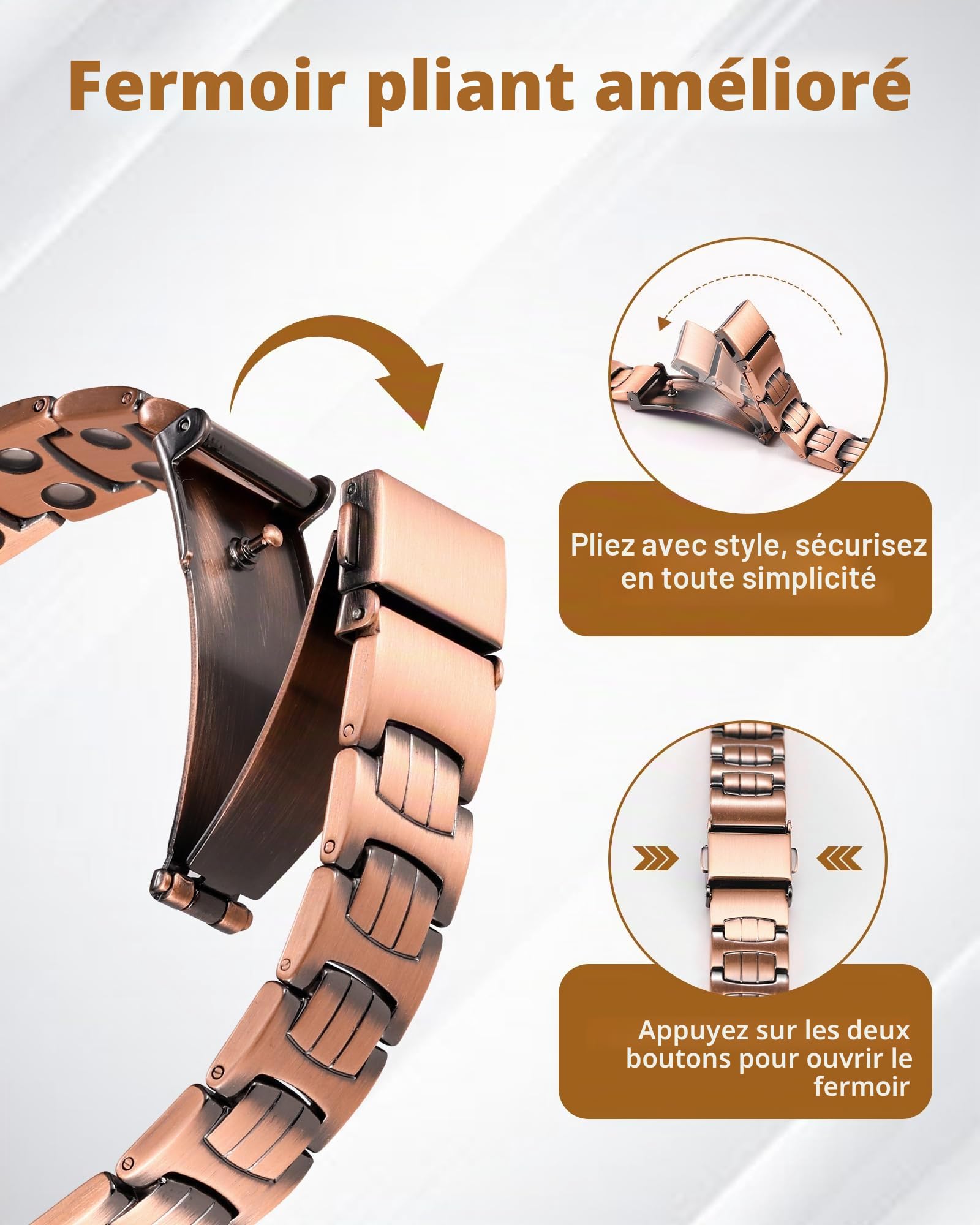 Jeracol Bracelet en cuivre croisé pour hommes, bracelet de thérapie magnétique avec aimants puissants 3800 gauss - 99,99% de cuivre pur et boîte cadeau, 22 cm