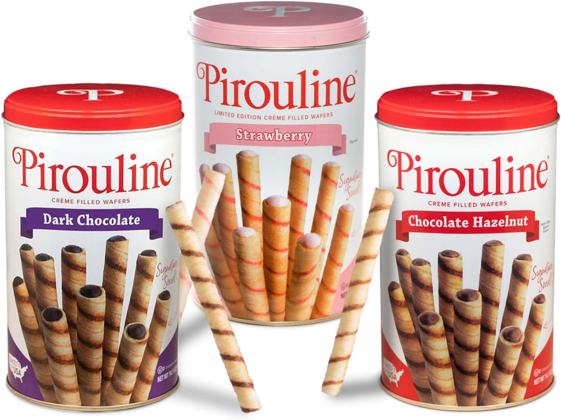 Crème Filled Rolled Wafers – Strawberry, Dark Chocolate, and Chocolate Hazelnut Flavors – 14.1 Ounce Tins (Pack of 3)