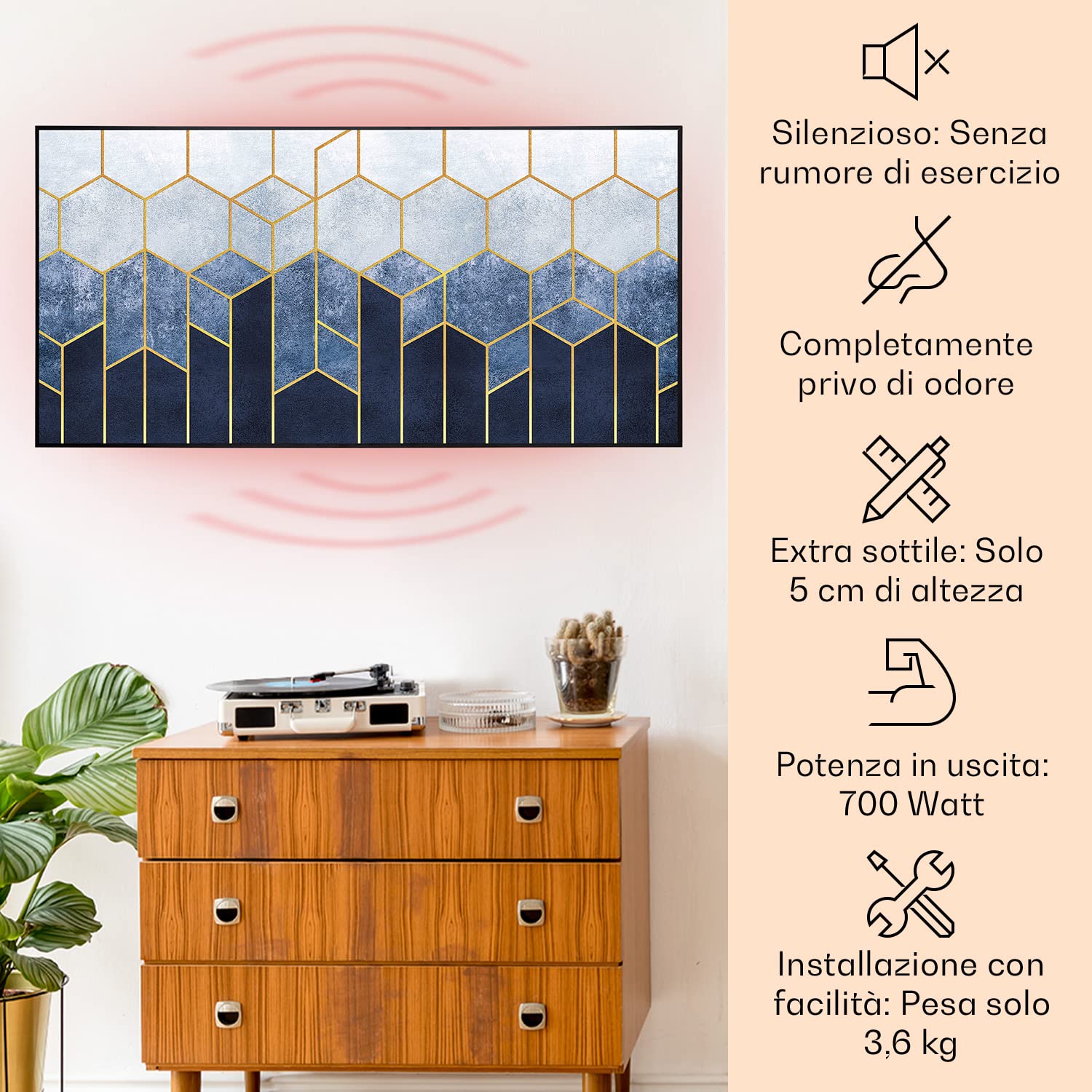 Klarstein Air Art Smart Stufa Elettrica Basso Consumo, Termoconvettore Elettrico da Parete 700W con Controllo IoT/WiFi App, Termosifone Elettrico a Muro, Pannello Radiante Infrarossi, Senza CO2