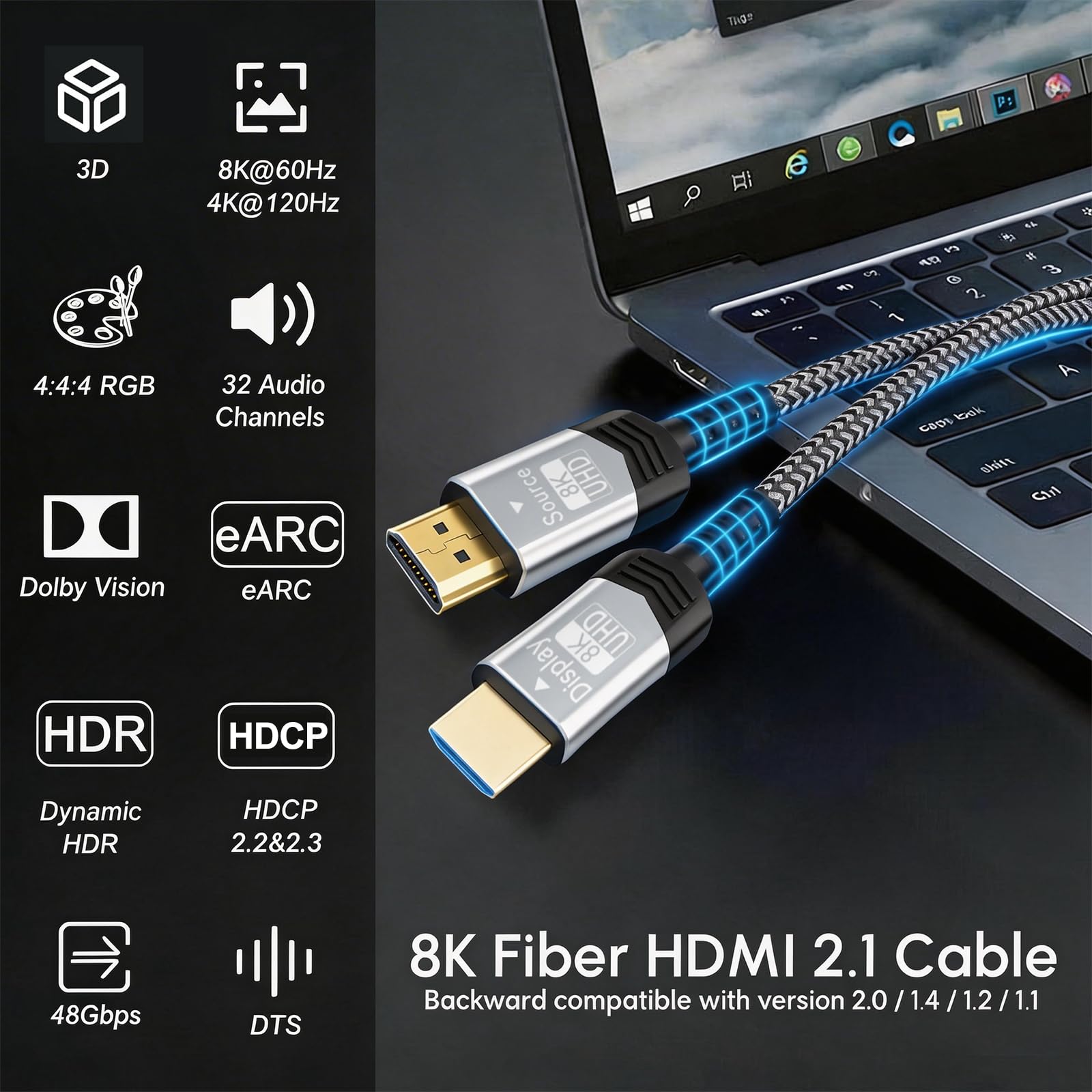 Soonsoonic 8K Glasfaser HDMI 2.1 2,5 m, volle 48 Gbit/s 8K @ 60Hz (4:4:4), unidirektionales geflochtenes Gaming-Kabel, 4K @ 120Hz eARC Dolby Atmos DTS: X HDR10 VRR ALLM, kompatibel mit PS5 Xbox Series