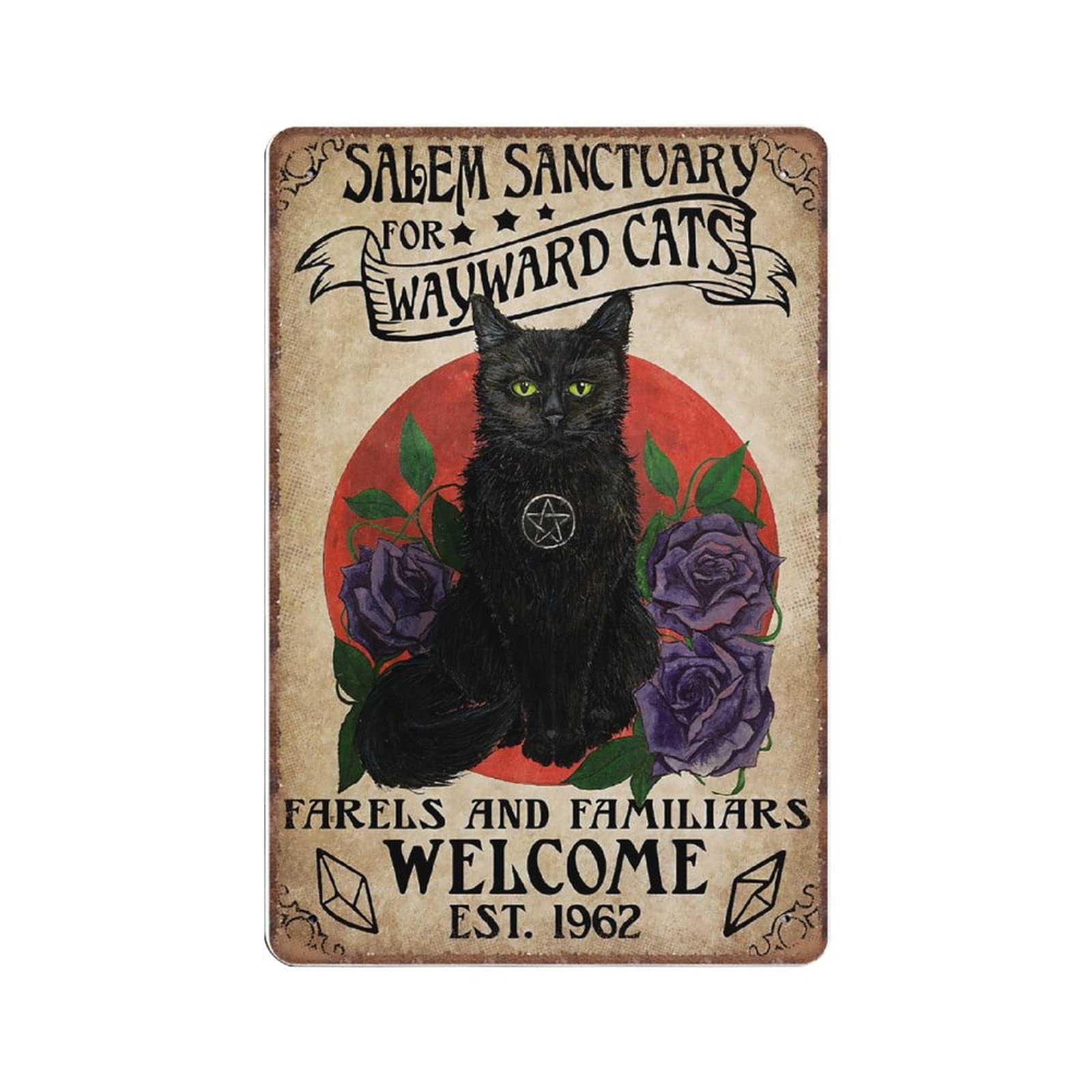 Daiercy Material_tin 12 Salem Sanctuary For Wayward Cats Tin Signs, Black Cat Witch Print, Witch Gift Funny Vintage Metal Sign Plaqu Poster Wall Art Pub Bar Kitchen Garden Bathroom Home Decor, 140X200 Mm