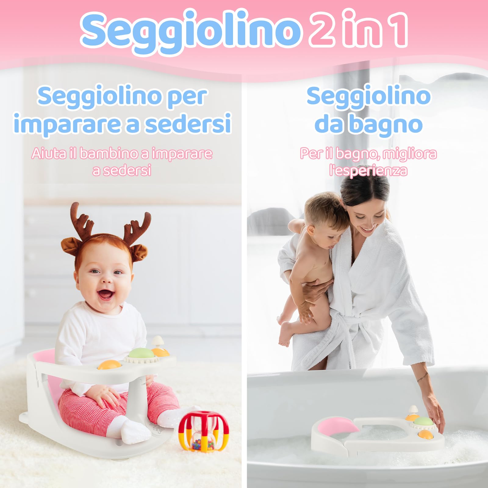 Aragallant Seggiolino da Bagno per Bambini 6 mesi+, Seggiolino Antiscivolo per Vasca da Bagno, Sedia da Bagno con Giocattoli, Seggiolino per Doccia Bambini con Ventose (Rosa)