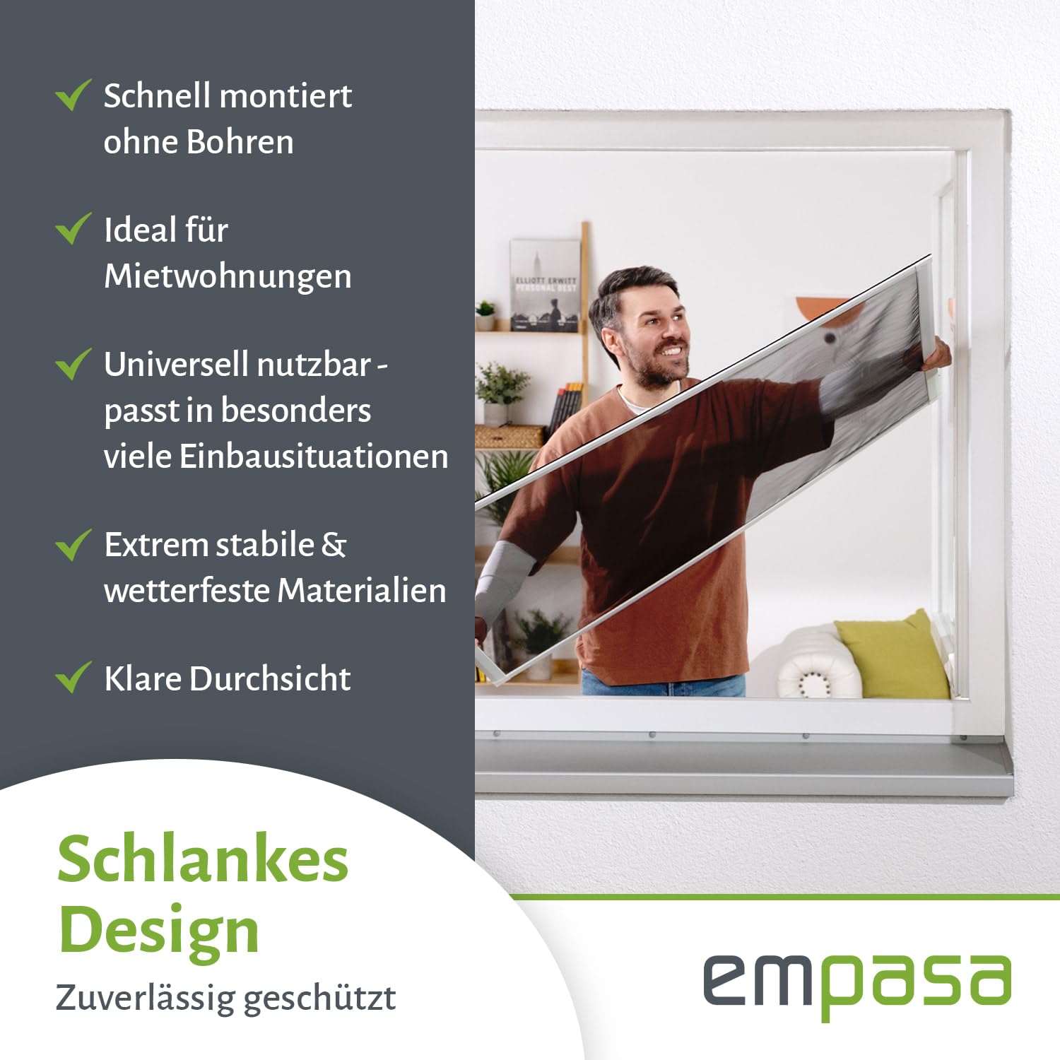 empasa Insektenschutz Fliegengitter Fenster SLIM, ultraflach, Aluminiumrahmen matte Optik, einfache Montage, Selbstbausatz, individuell kürzbar, Größe:100 x 120 cm, Farbe:Insektenschutz | weiß