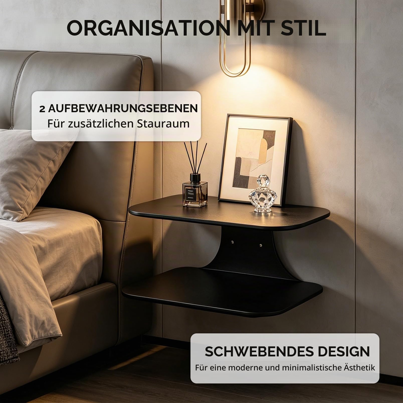 2 Stück Schwebender Nachttisch Hängend, 39x19cm Wandregal | Nachttisch Schmal mit 2 Ebenen, Moderner, Schwarz Metall, Kratz, Stoß & Schlagfest, Als Hängend, Schminktisch oder Sideboard