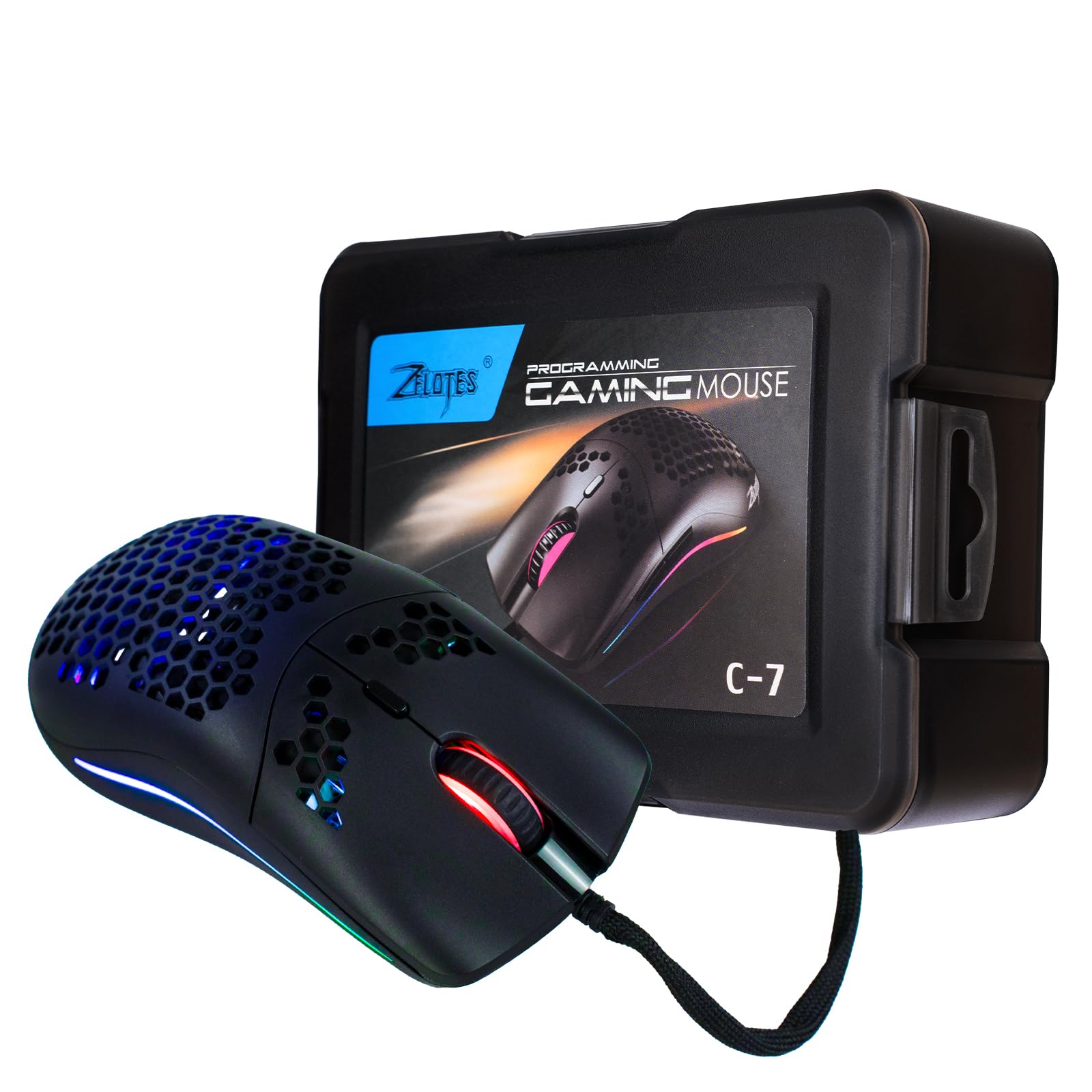 C7 - Ratón para juegos con cable, diseño de panal, sensor ajustable de 16000 DPI, 7 botones programables, RGB dinámico, ratones ultraligeros para juegos para PC y portátil