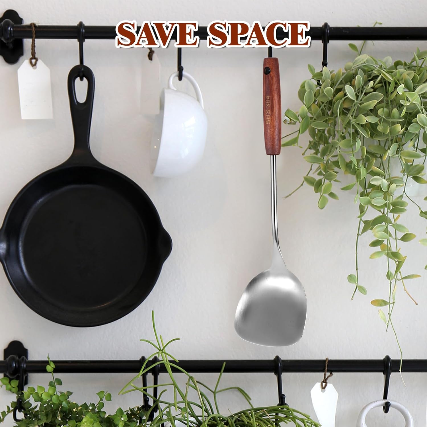 Wok Spatula Stainless Steel 14.17 inch Spatula Wide Metal Wok Tools with Wooden Handle Cooking Utensils Woks Accessories for Cooking Stirring Mixing Turning Silver - Image 6