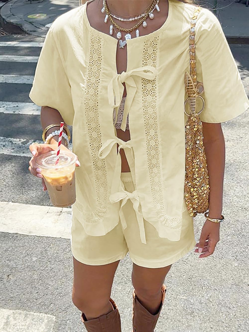 Women Summer 2 Piece Sets Short Short Sleeve Tie Front Tops and Shorts Cotton Pajamas Lounge Set - Image 3