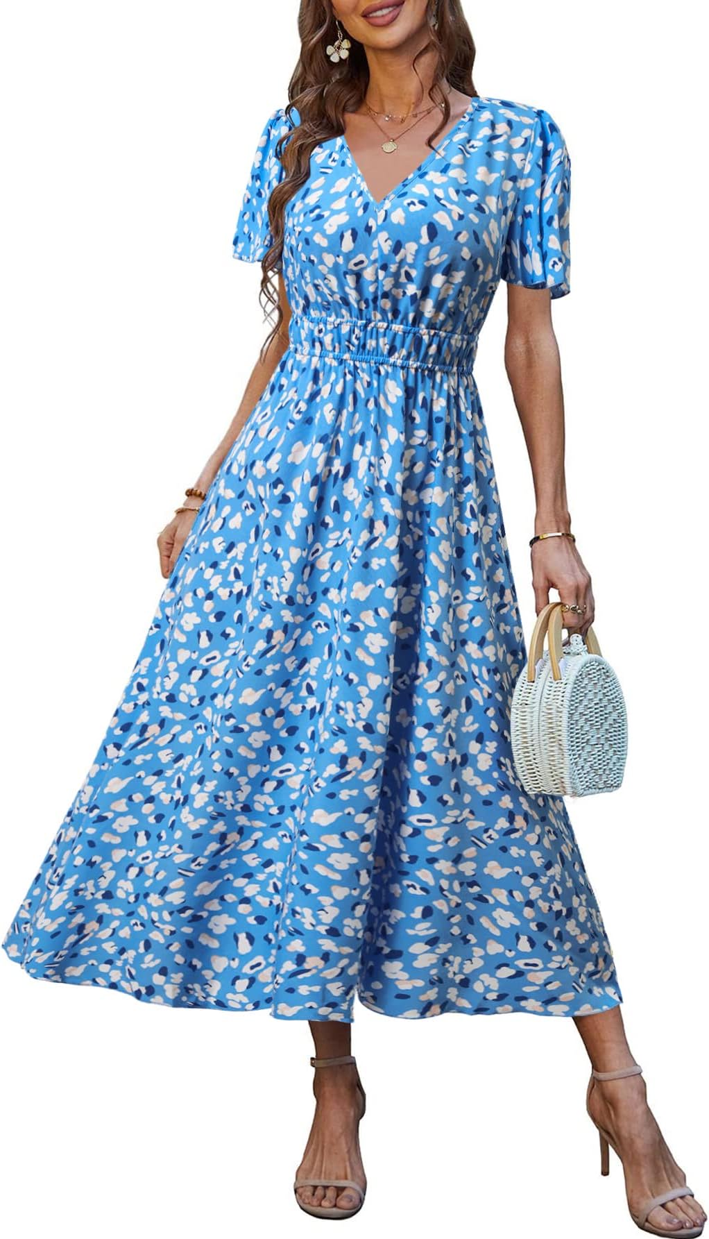 ABYOXIWomen's Summer V Neck Maxi Dress Floral Print Short Sleeve High Waist Flowy Boho Vacation Backless Casual Long Dresses