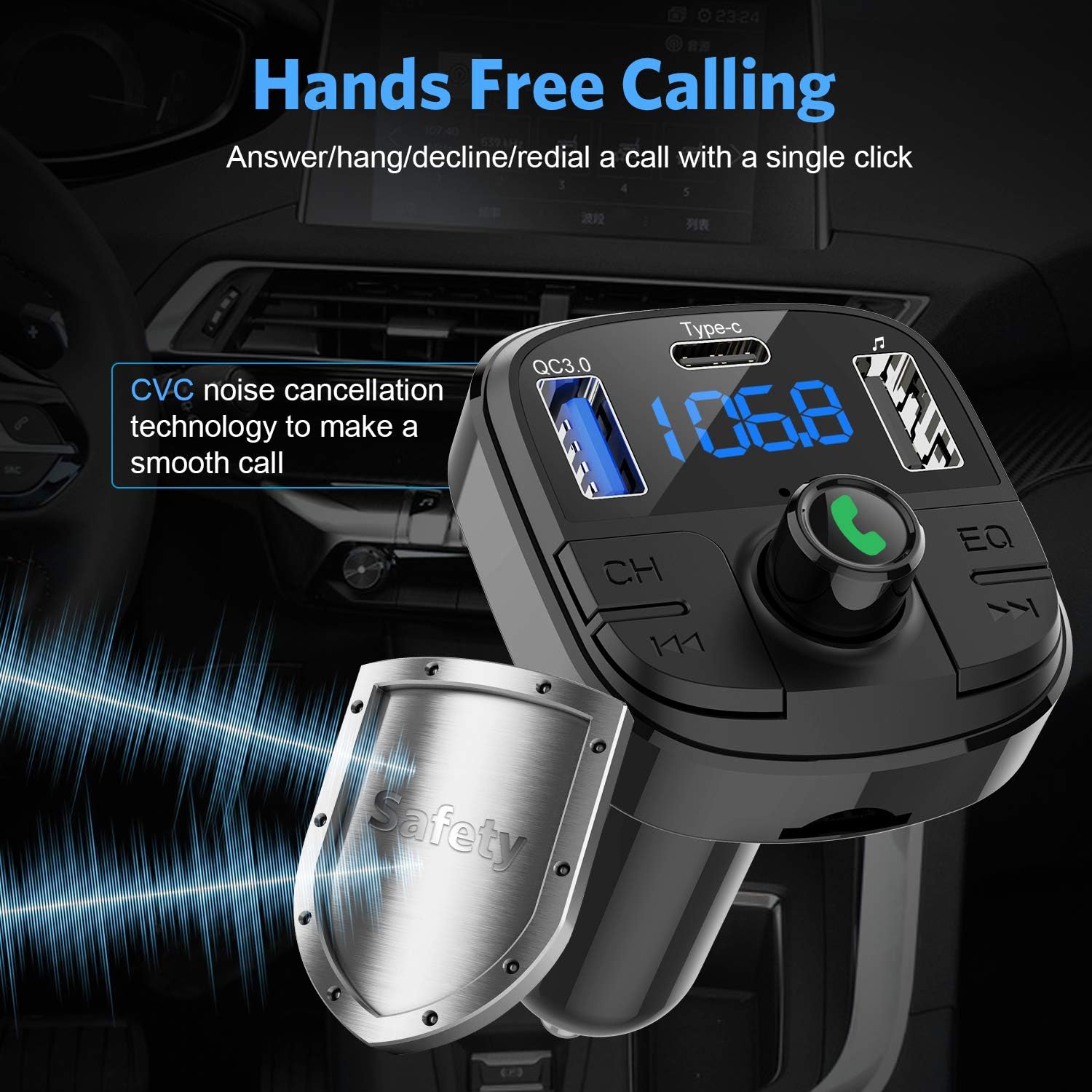 Bluetooth FM Transmitter for Car, Clydek BT 5.0 & QC3.0 Car Bluetooth Adapter Wireless Bluetooth FM Radio Adapter with 5 EQ Mode, 3 Charging Ports Support USB Disk, TF Card Hands-Free Car Kits