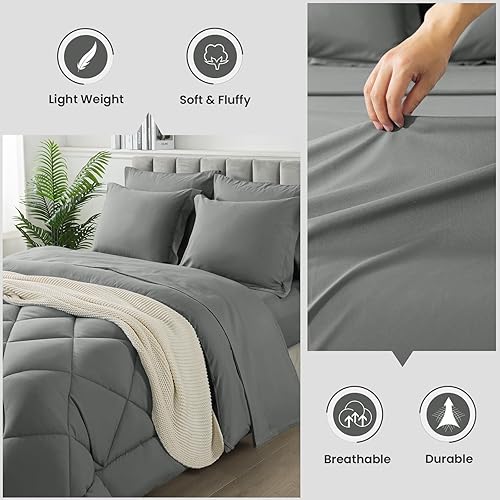 Miniatura 3 de Juego de edredón tamaño King, 7 piezas de cama en una bolsa, juegos de ropa de cama con edredón ligero acolchado suave para todas las estaciones,