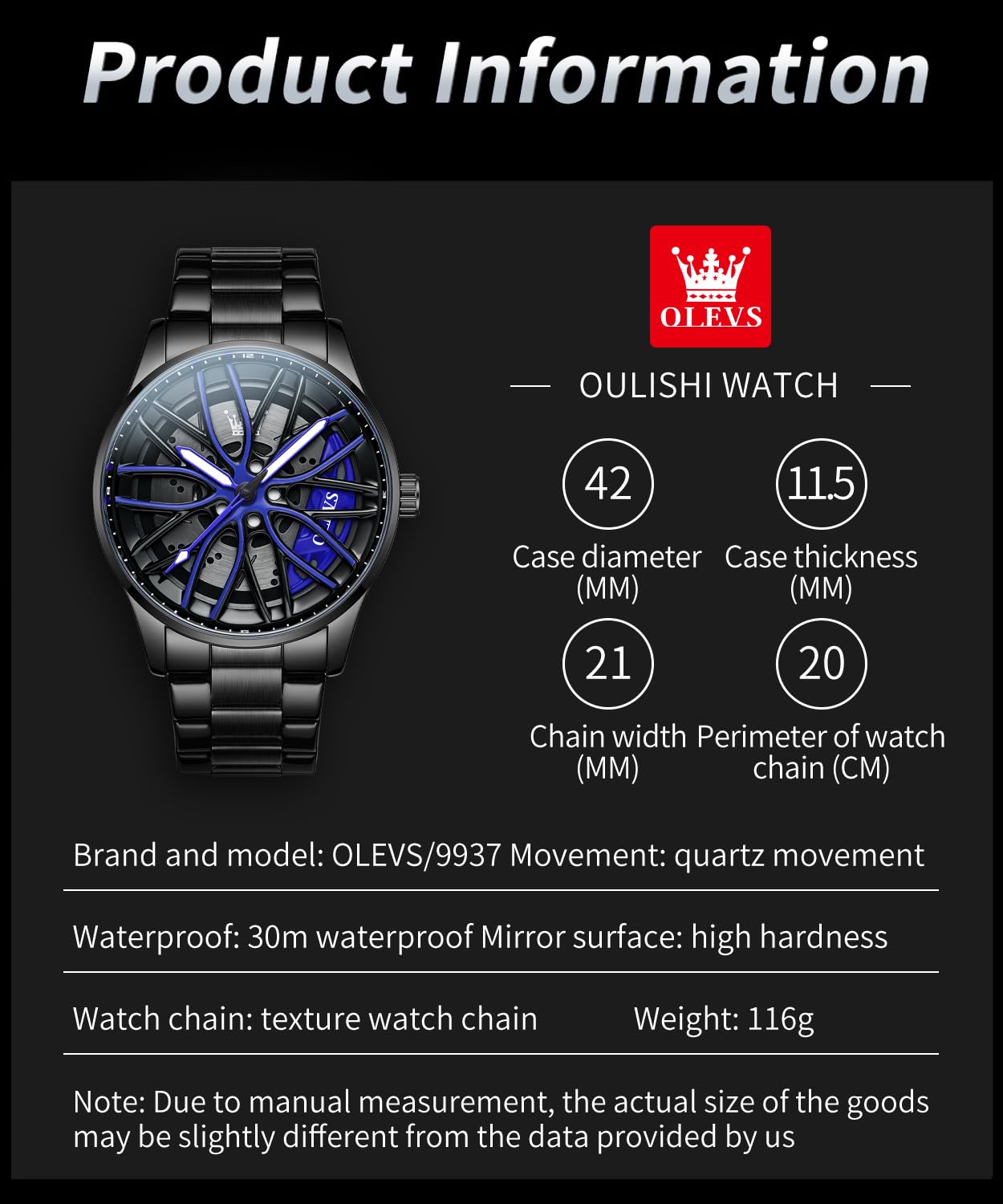OLEVS Watches for Men Skeleton Quartz Racing Car Wheel Stainless Steel Casual Sports Waterproof Luminous Mens Watches