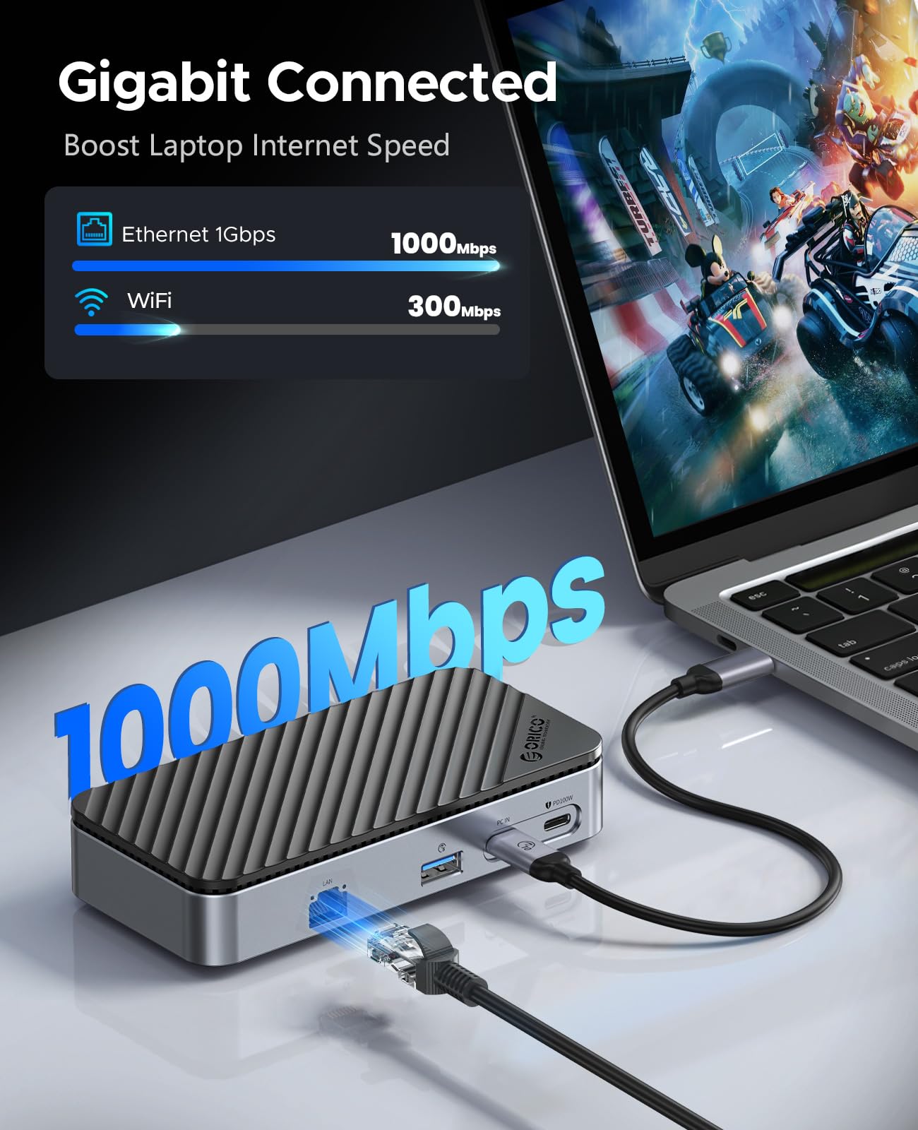 ORICO Hub 10 Gbps M.2 NVMe SSD, Gigabit Ethernet, 100 W PD, SD/TF, 2 x 5 Gbps USB A, USB-C