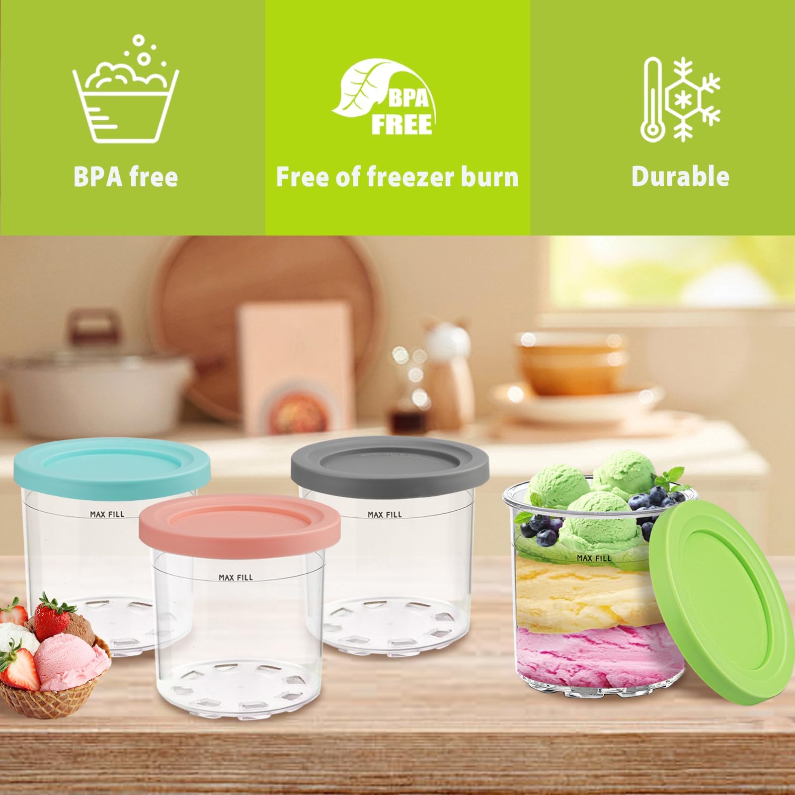 4 Contenedores Creami para Máquina de Helados Ninja, Compatibles con NC301 NC300 NC299, Aptos para Lavavajillas, Antifugas con 4 Tapas y Cucharas Incluidas