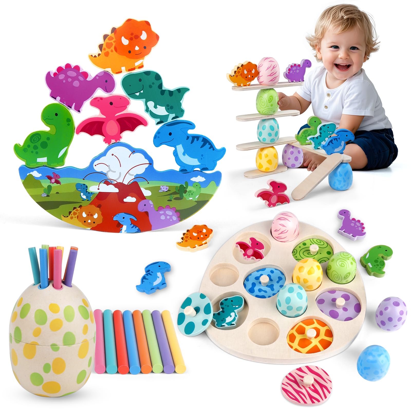 Rincalivestra 4 in 1 Dinosaur Toys Set for Toddler Montessori Toys Puzzles Wooden Color Sorting Stacking Toy 1 2 3 4 Year Old Boys Girls Birthday Easter Gift