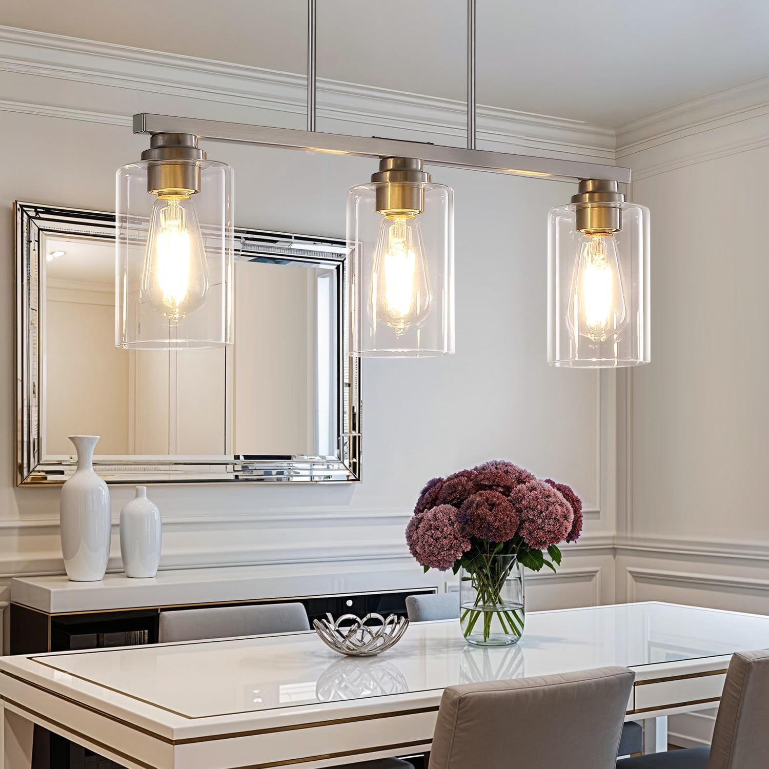 Island Light for Kitchen, Brushed Nickel Dining Room Light Fixture Over Table, 4-Light Linear Chandelier Pendant Lighting for Dining Table Kitchen Island Living Room