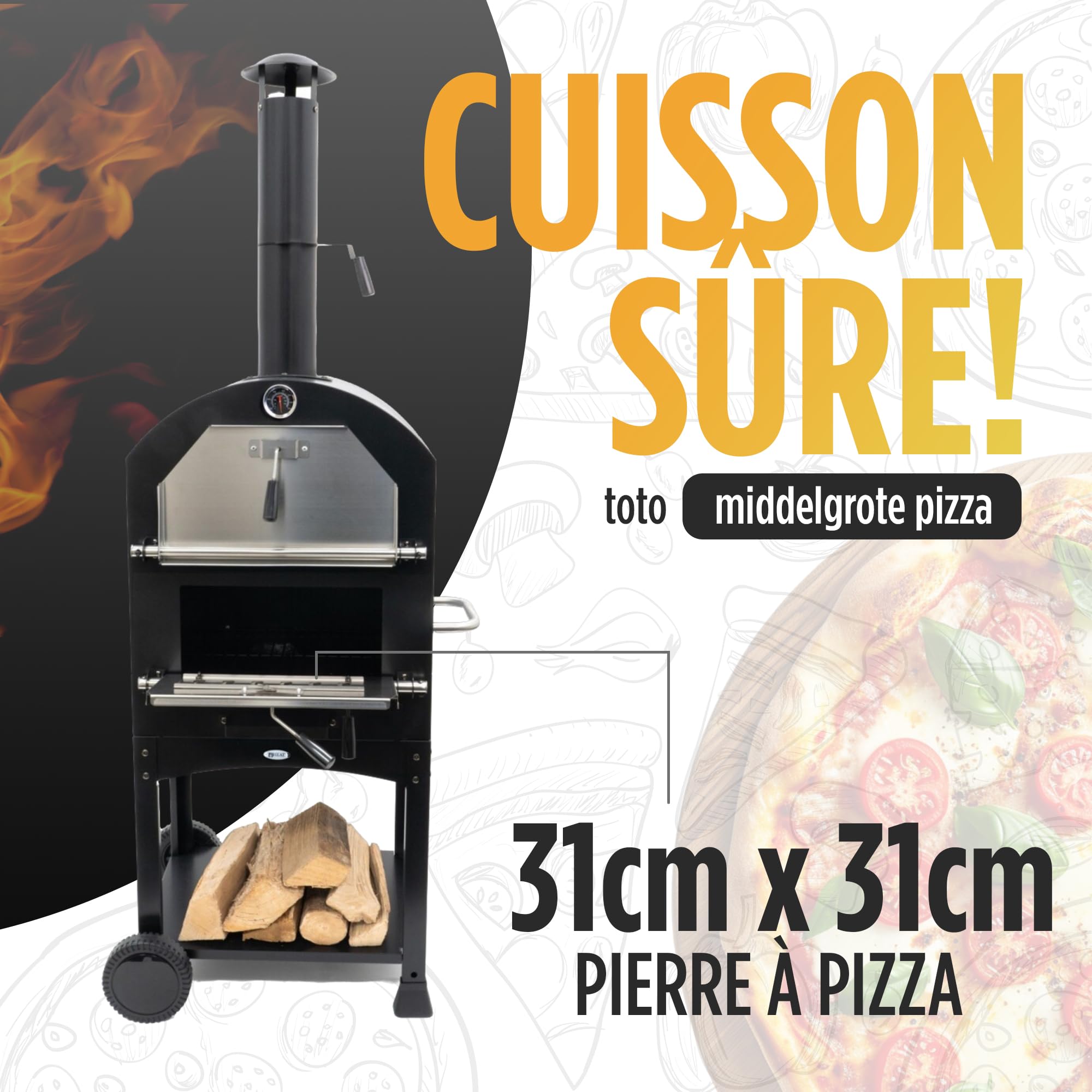 Four à Pizza HEAT Outdoor Living Ovnhus Noir Multifonctionnel Gril Barbecue Bois Charbon Briquettes Extérieur 50x36x160 cm