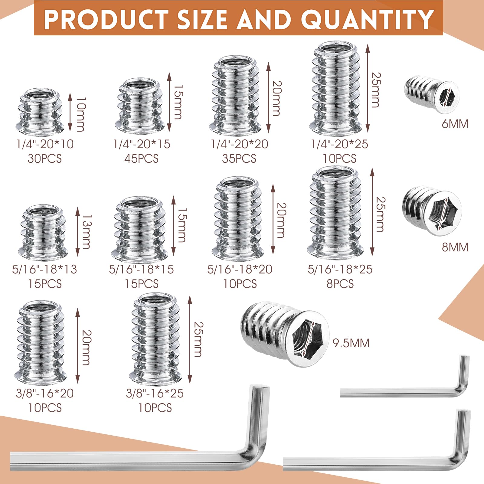 JINRUISI Threaded Inserts 5/16-18 X 20mm - 100 Pack Steel Inserts For Wood Furniture, Hex Flush Design - View #8