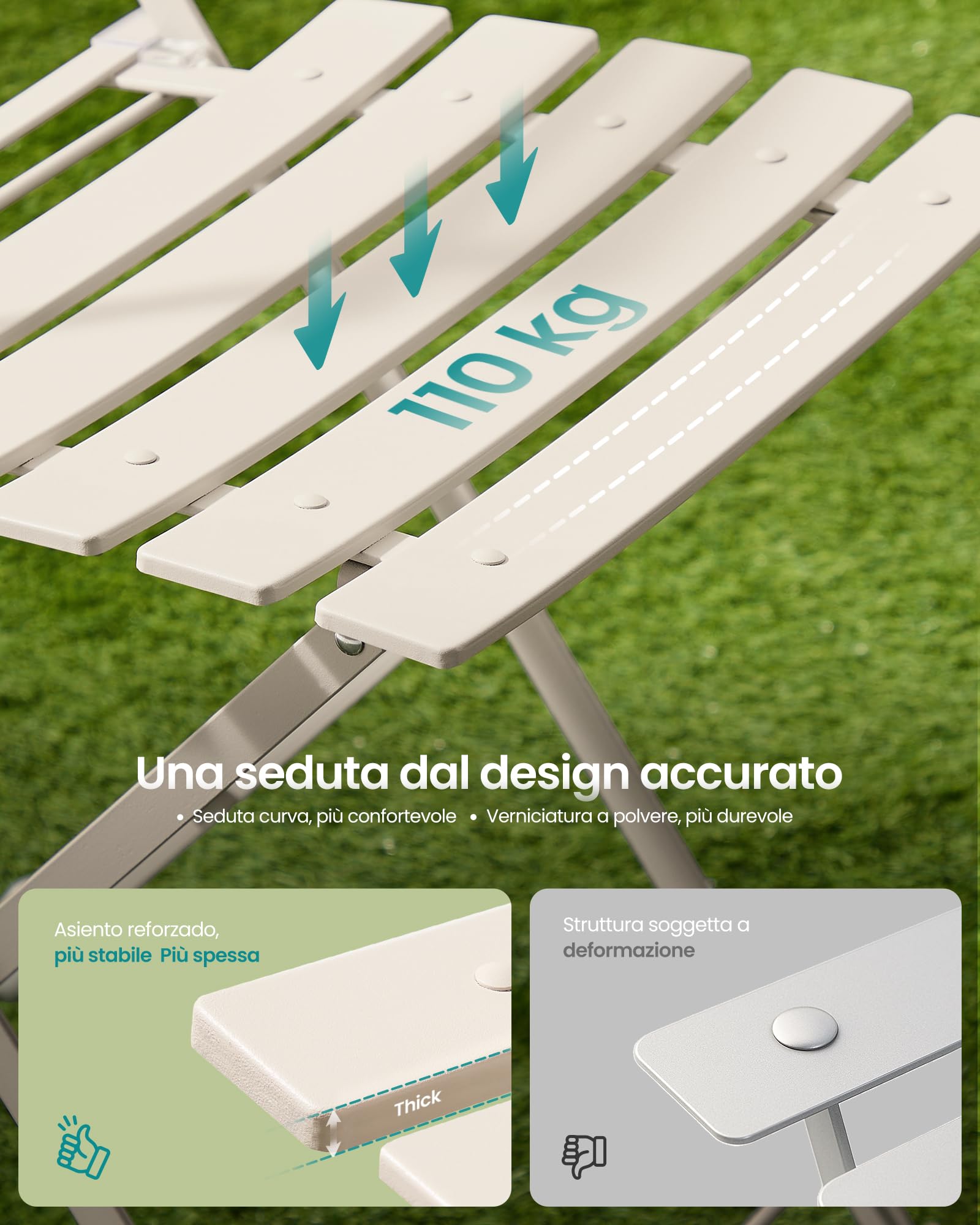 SONGMICS Set da Giardino da Esterno, 3 Pezzi, 2 Sedie, 1 Tavolo, Pieghevole, Salottino da Esterno, Acciaio, Resistente alle Intemperie, per Balcone, Terrazza, Beige Cappuccino GGF036LZ01