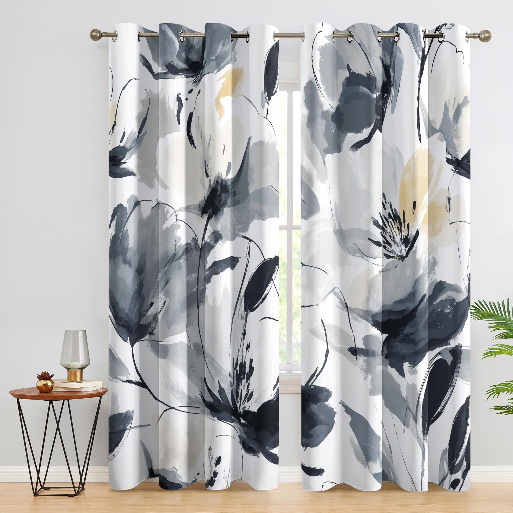 Rideau Occultant Floral Abstrait, Aquarelle Noir et Blanc Motif Rideaux Thermiques à Oeillets, Rideaux Imprimé pour Salon Chambre Fenetre Moderne Décoration, 140x180 cm (L x H), Lot de 2