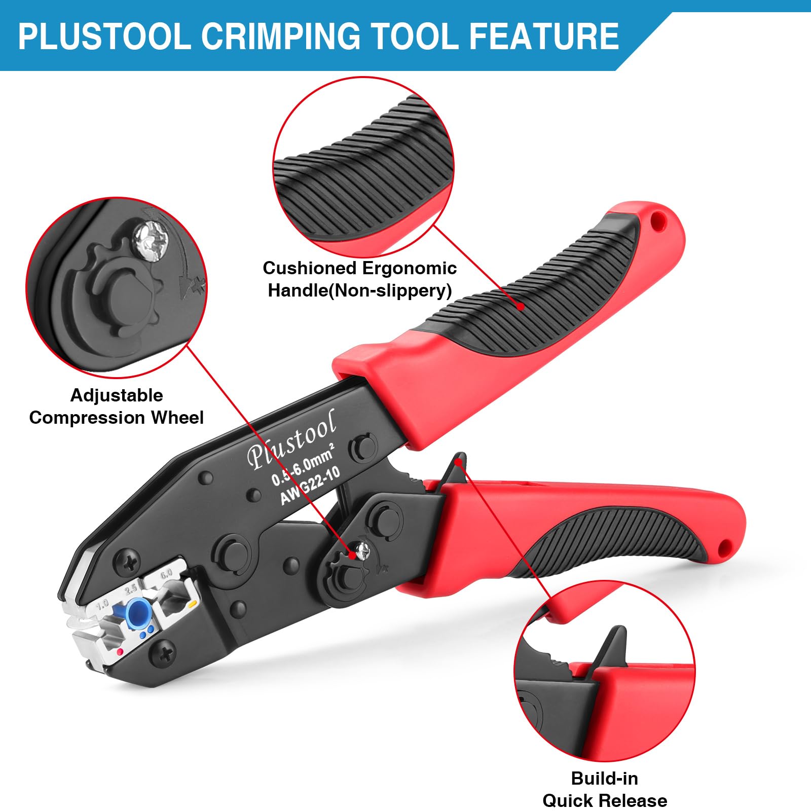 Plustool Herramienta de prensado para conectores eléctricos aislados AWG 22-10 - Crimpadora de terminales de alambre de carraca - Alicates de prensado - Herramienta de crimpado eléctrico - Herramienta