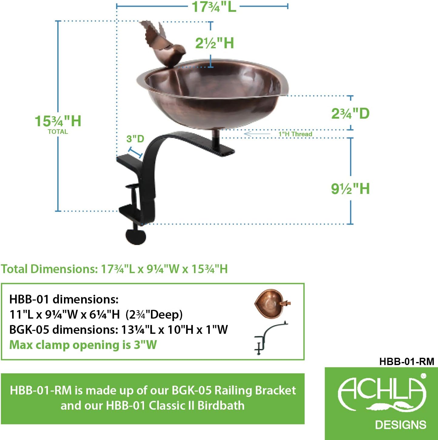 Achla Designs HBB-01-RM Heart Shaped Rail Mount Bracket Birdbath, Antique Copper, Black