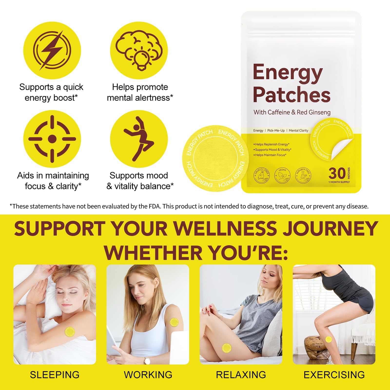 Energy Patches for Adults Men Women - Topical Daily Wellness Awake Energy Patch - Enhanced Focus & Body Support with Caffeine, Biotin, B5, B3 and B12 — Amazon image 6