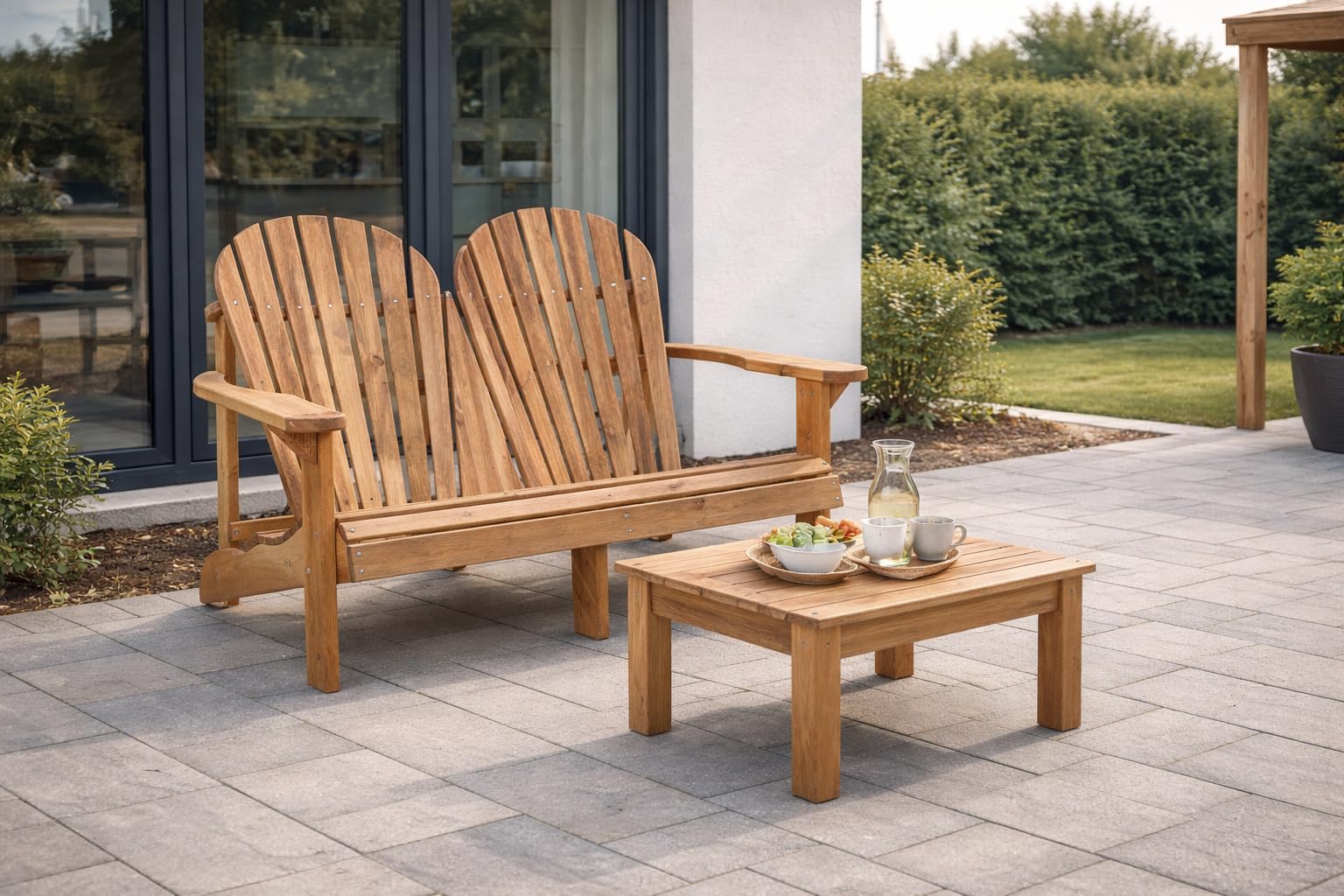 Doppel Adirondack Stuhl Holz – Massiver 2-Sitzer Gartenstuhl aus skandinavischer Kiefer, wetterfest imprägniert, belastbar bis 220 kg, ergonomische hohe Rückenlehne, einfache Montage